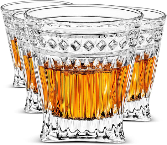 LUXU Whiskey Glasses(Set of 4)-9 oz Vertical Stripes Scotch Glasses,Premium Old Fashioned Glasses,Clear Crystal Bourbon Rock Glasses,Large Bar Glasses,Unique Glassware Tumblers for Cocktails