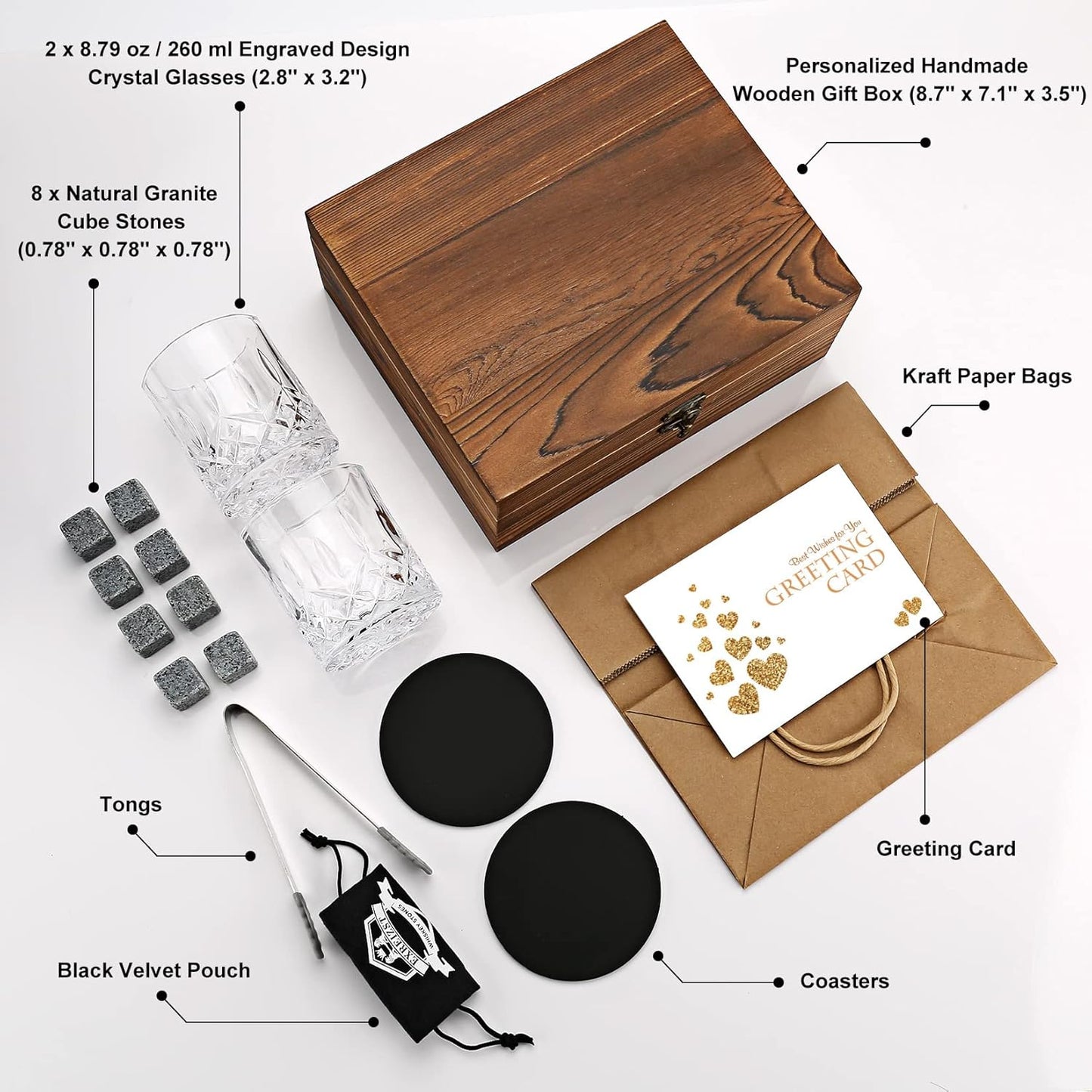 Whiskey Gifts for Men - Whiskey Stones and Glasses Gift Set - Granite Chilling Stones Whiskey Rocks, Scotch Bourbon Gift Box, Father's Day Birthday Drinking Gifts for Him Dad Husband Thanksgiving Gift