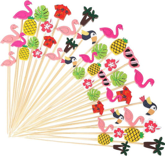 Hawaiian Luau Assorted Picks Tropical Cocktail Bamboo Toothpicks Flamingo Pineapple Beach Toucan Palm Leaf Handmade for Appetizers Food Drinks Luau Hawaii Beach Holiday Party Supplies (100 Pieces)