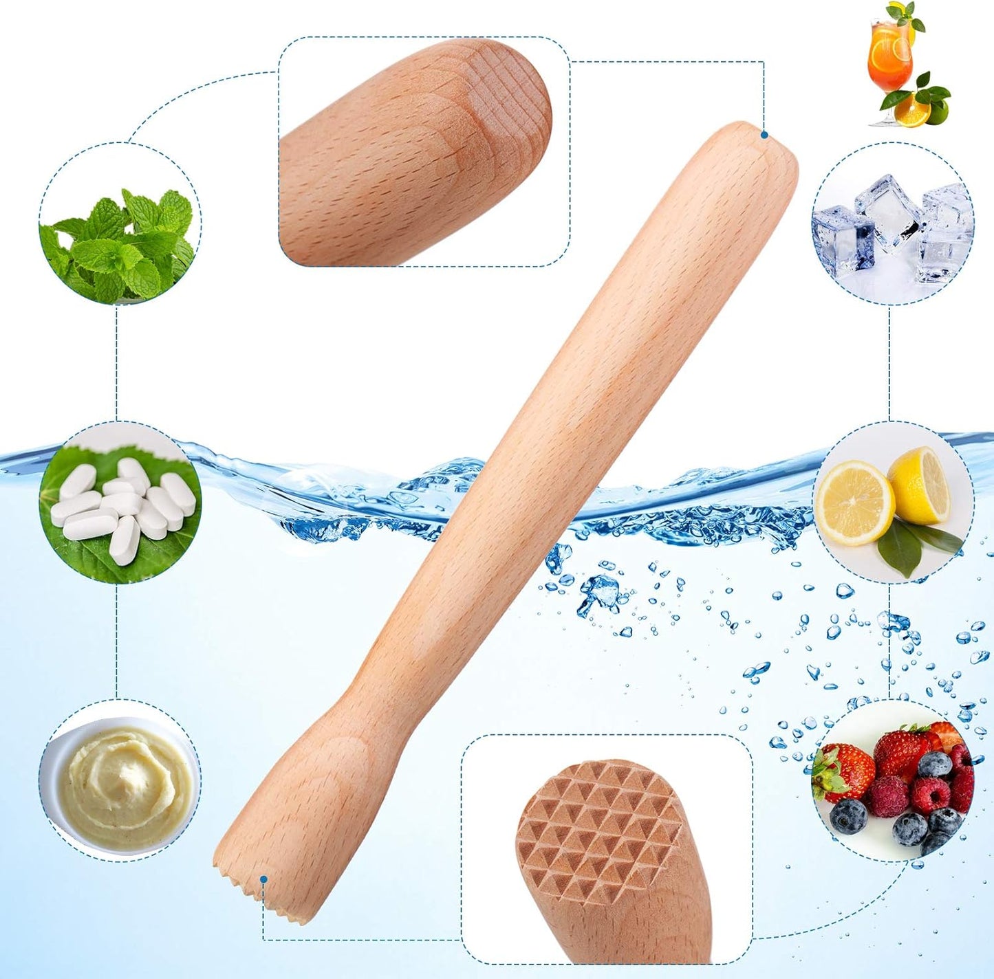 Patelai Wooden Cocktail Drinks Muddler 7.8 Inch Cocktail Muddler and 12 Inches Bar Spoon Stainless Steel Shaker Spiral Mixing Spoon for Making Cocktails Mojito Lemonade Fruit Drinks(Simple Style)