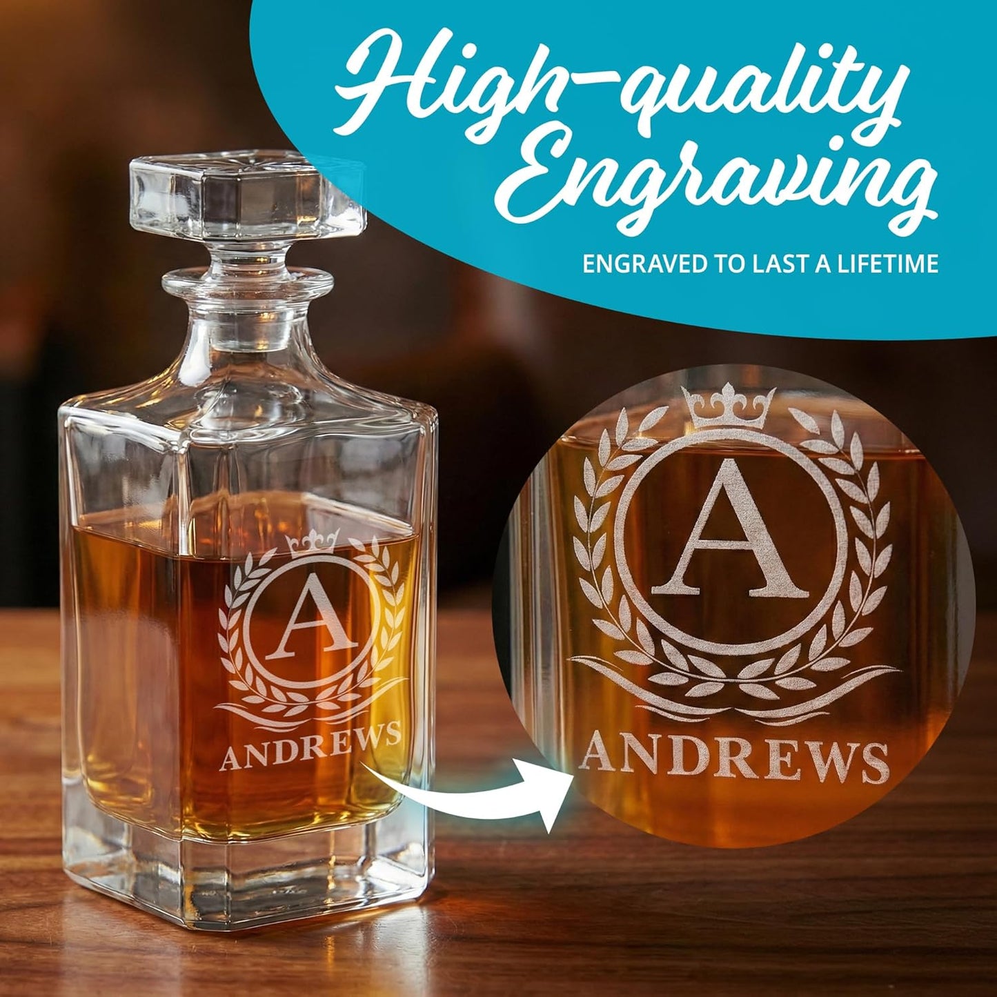 Personalized Whiskey Decanter Set with Glasses for Men - Custom Bourbon Decanter Sets 4 Designs - Laser Engraved Customized Whiskey Glasses - Personalized Whisky Bottle Groomsmen Gift