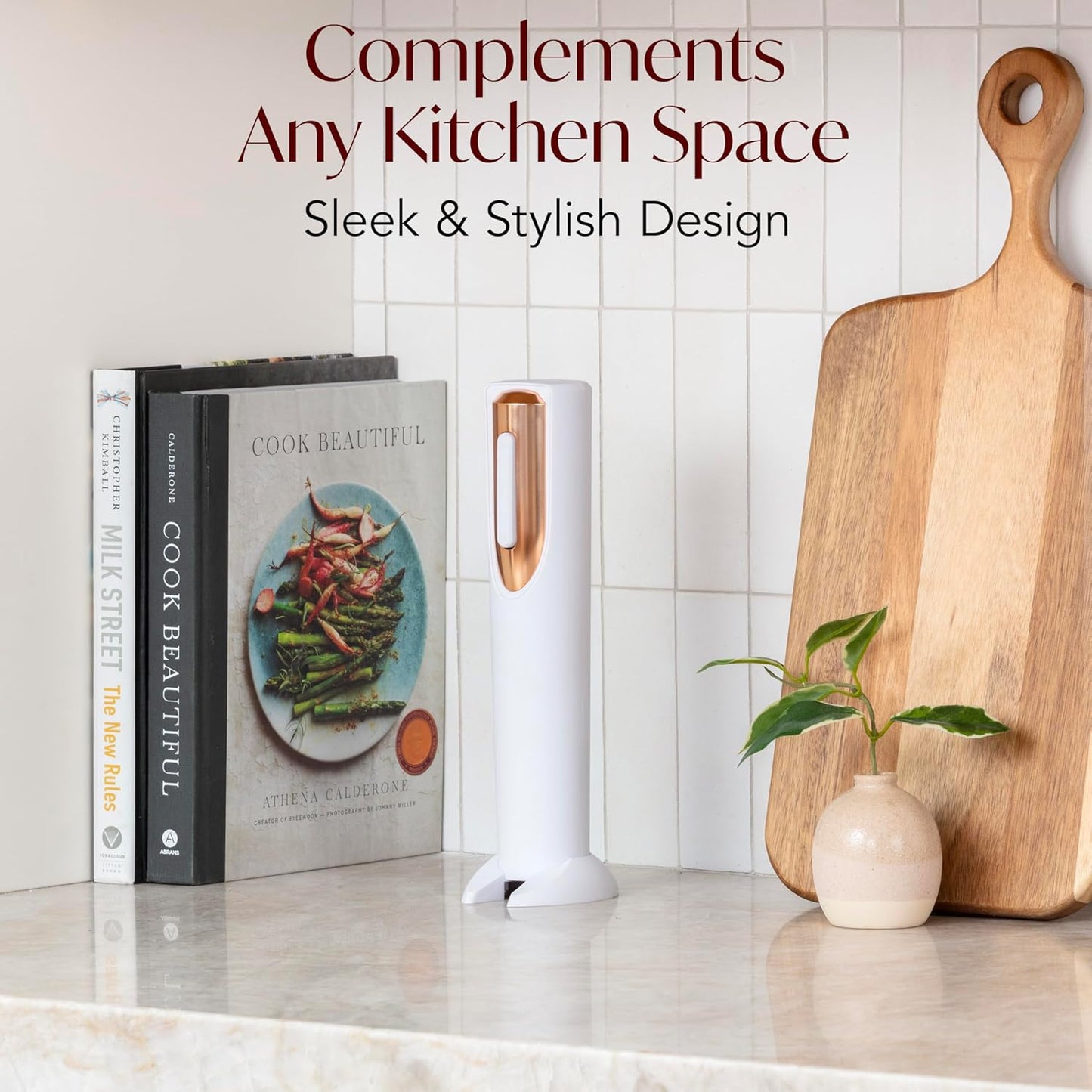 Electric Wine Opener Battery Operated with Stand and Built-in Foil Cutter - Automatic Wine Opener - Electric Corkscrew for Easy Cork Removal - Best Gift for Wine Lover (White & Rose Gold)