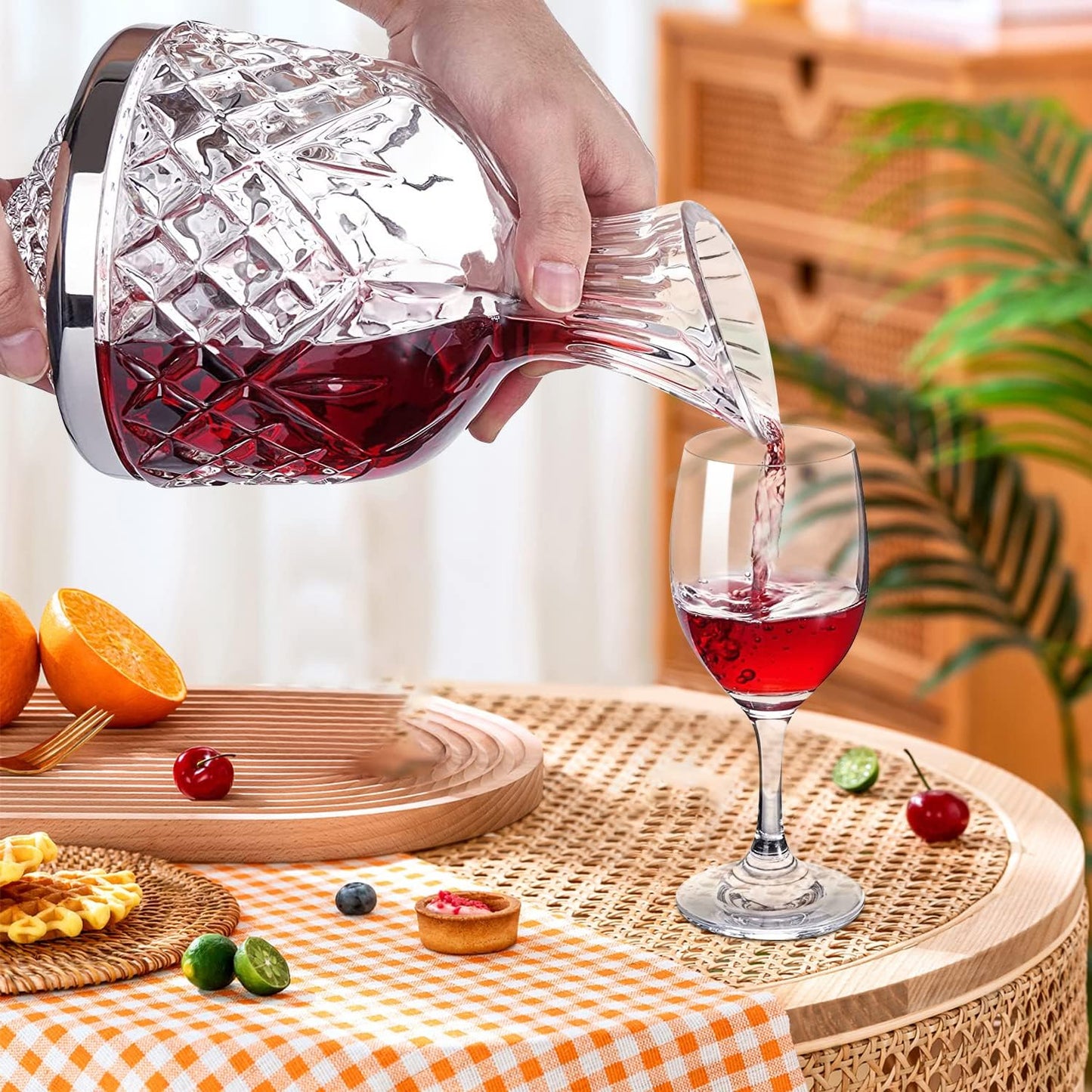 spinning wine decanter, 45 oz crystal rotating wine decanter with gift box, for wedding gift, birthday, banquet, supper