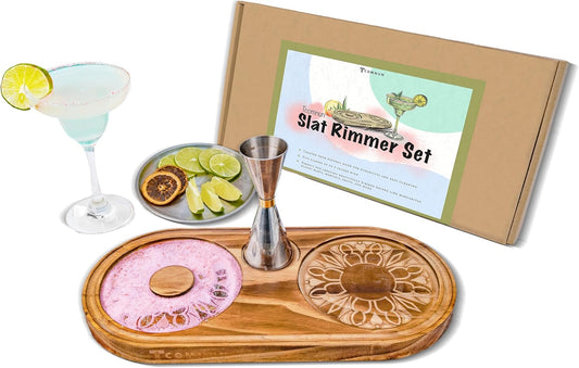 Margarita Salt Rimmer Set - Wood and Stainless Steel 3-in-1 Cocktail Glass Rimmer for Salt, Sugar, Lime – Fits Glasses up to 5.1 Inches – Complete Margarita Kit for Cocktails (1pack)