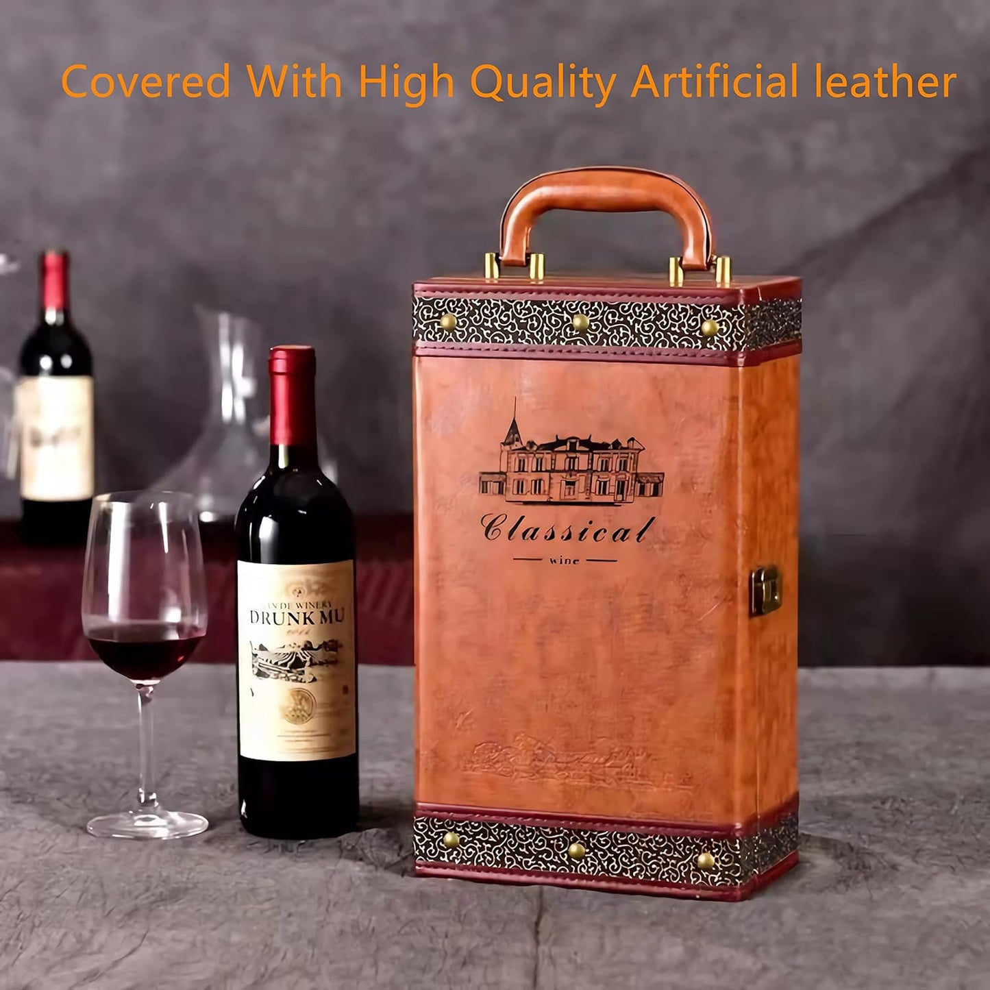 Wine Gift Box with 4 Wine Accessories Set,Portable Two Bottle Wine Carrier Case for Christmas,Wedding, Anniversary, Party,Vintage Leather Wine Storage Box for Home Bar Decor and Wine Collection