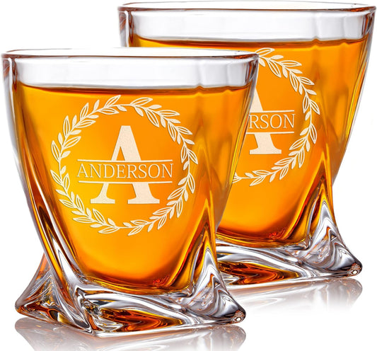 Personalized Whiskey Glass Set of 2 - Customized in USA Twisted Glasses - Premium Gift for Him, Men, Husband, Boyfriend, Groomsmen - Ideal for Any Occasion - Anniversary, Birthday, Retirement, Wedding