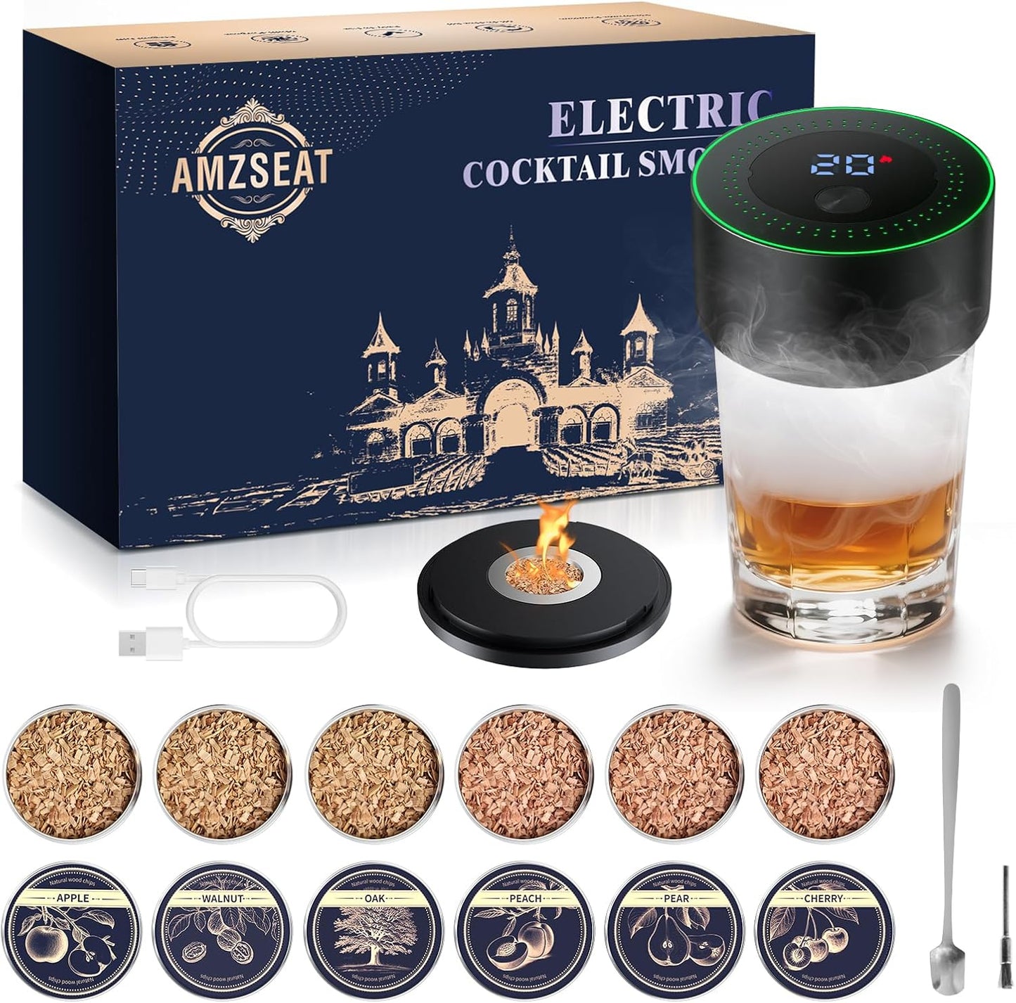 Electric Whiskey Smoker Kit-Rechargeable Cocktail Smoker Set with 6 Wood Chips-Unique Bourbon Ideal Christmas, Birthday, Valentine's Day Gift,Gifts for Men, Dad, Husband
