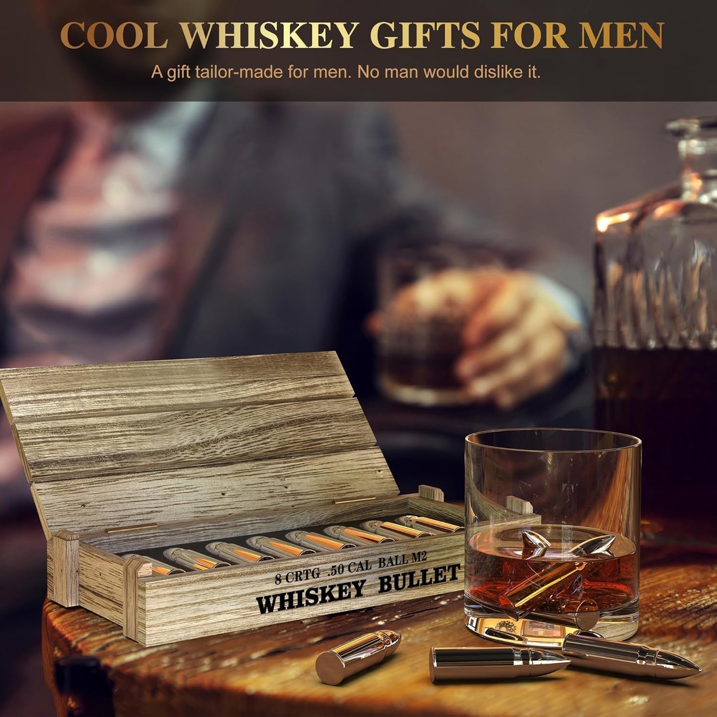 Gifts for Men Dad - 8Pcs Bullet Whiskey Stones - Him or Husband Stocking Stuffers White Elephant for Adults Man - Reusable Metal Steel Ice Cubes Set, Christmas Anniversary Funny