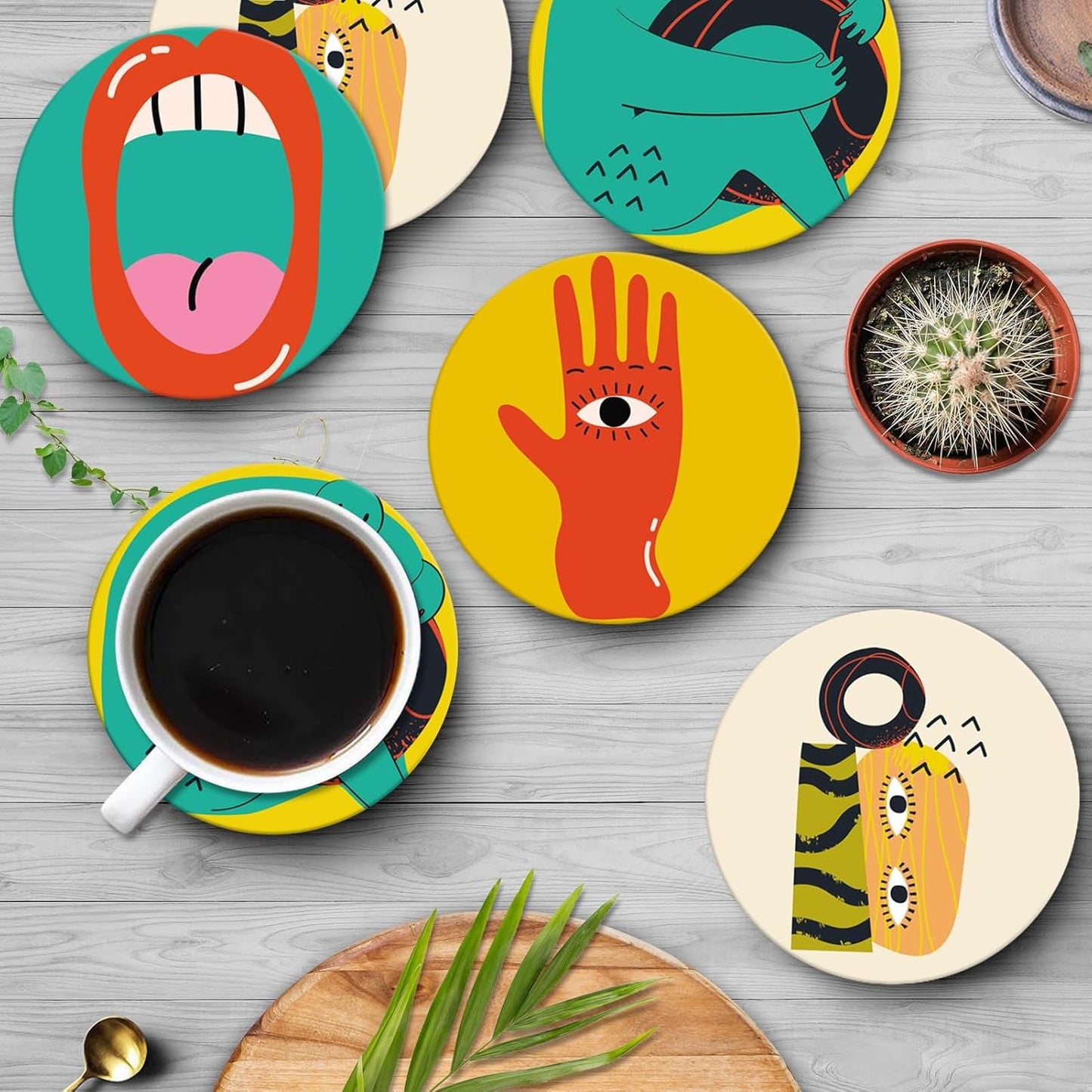 Britimes Table Coaster for Drinks Set of 6, Cute Funny Vintage Music Retro Geometric Coffee Absorbent Round Ceramic Stone Mat, with Cork Base and Metal Holder, Gift for Housewarming Room Bar Decor