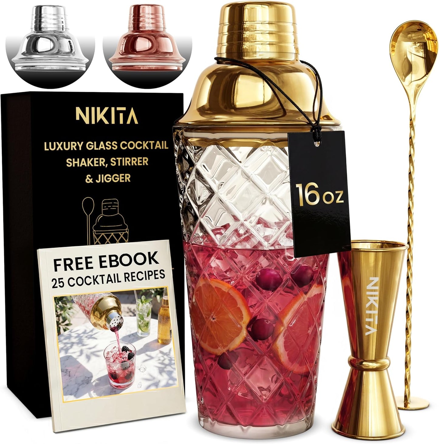 Nikita Cocktail Shaker, 5-Piece Martini Shaker & Bartender Kit with Bar Accessories Strainer, Jigger, Spoon & Muddler, Gold 16oz Drink Mixer with Bartender Accessories