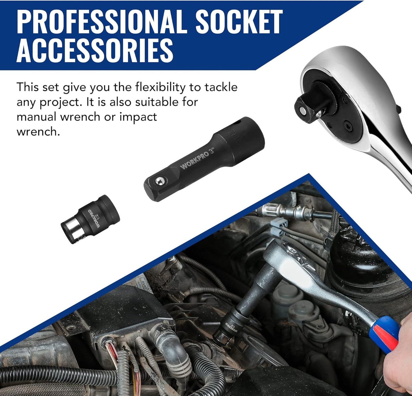 WORKPRO 18-Piece Impact Socket Extension Set, Includes Socket Adapters, Ratchet Extension Set, Socket Extension Bar, Swivel Universal Joints and Impact Coupler, 1/4", 3/8" & 1/2" Drive