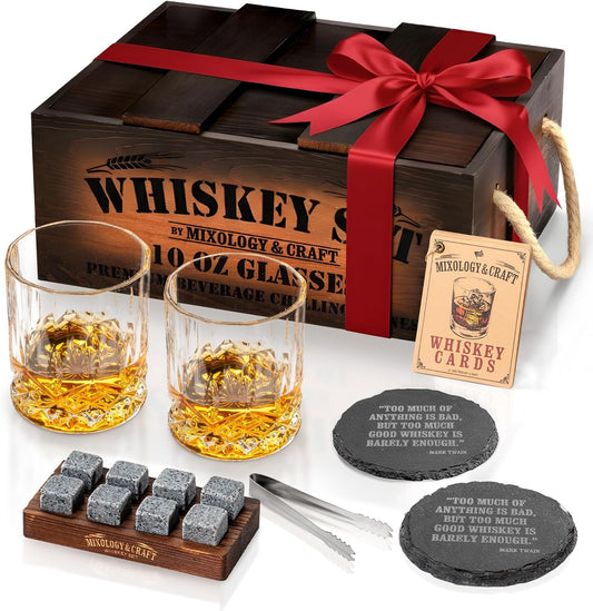 Mixology & Craft Whiskey Gift Set, Whiskey Glass Set with Rustic Wooden Crate, 8 Granite Whiskey Rocks Chilling Stones, 10oz Glasses, Raffle Gift for Men, Dad, Husband, Boyfriend - Jameson Dark Brown