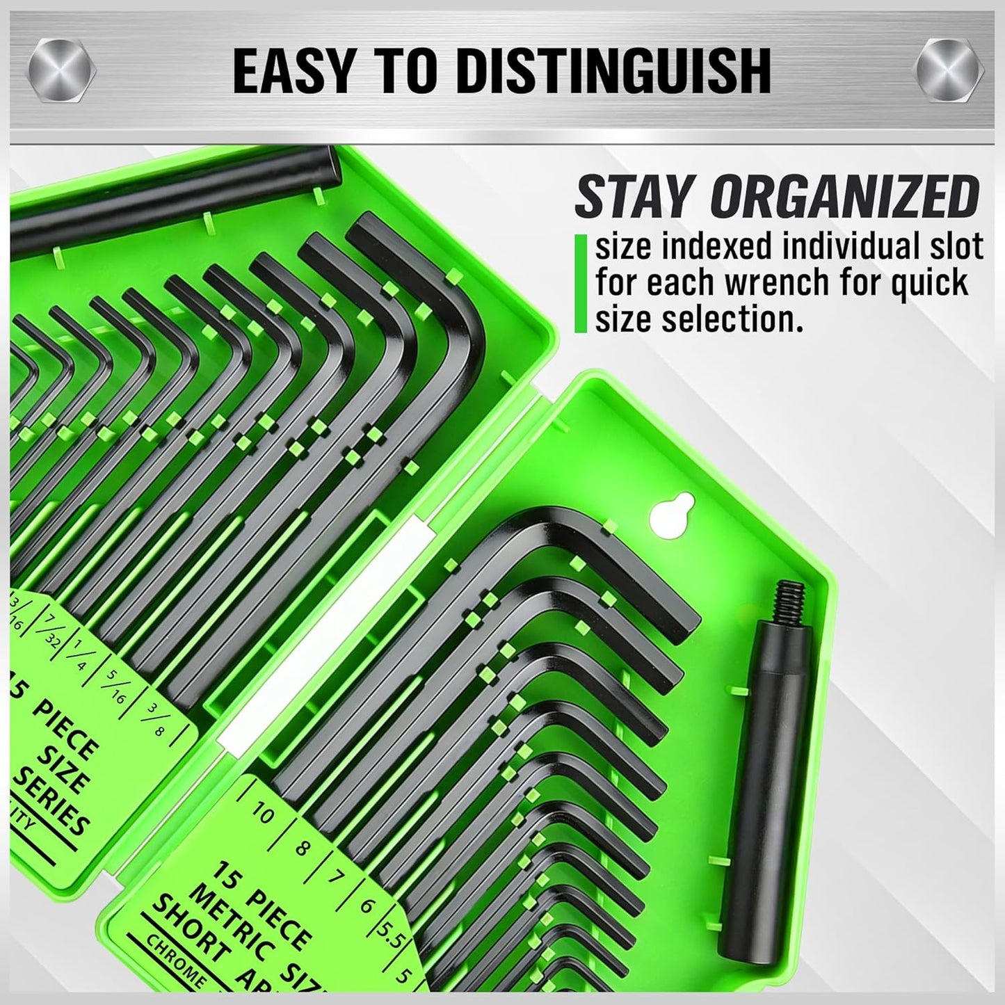 SWANLAKE GARDEN TOOLS 32-Piece Hex Key Allen Wrench Set, SAE and Metric Allen Keys MM(0.7mm-10mm) SAE(0.028"-3/8), L Shape, Chrome Vanadium Steel, Easy Organization