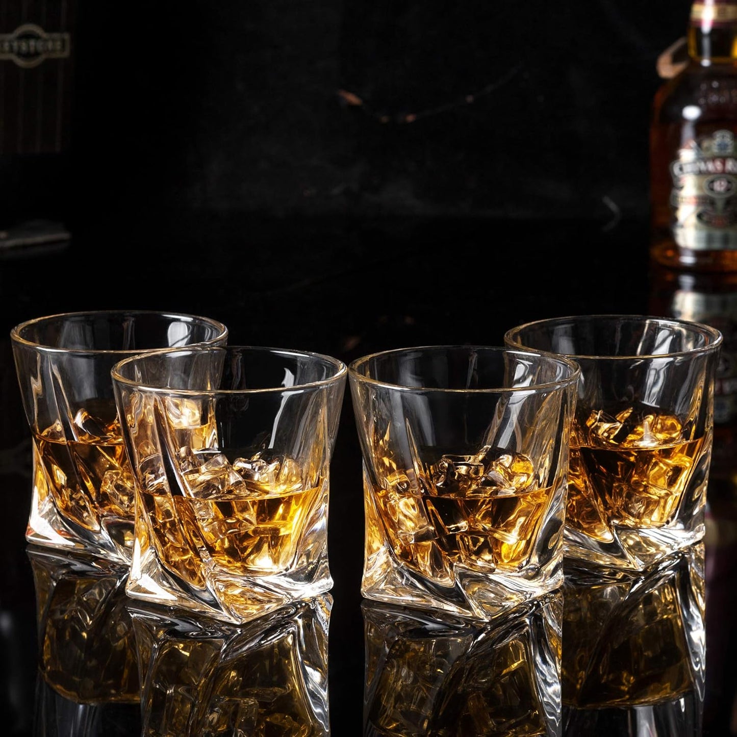 KANARS Whiskey Glasses Set of 4, 10 Oz Crystal Old Fashioned Cocktail Glass in Gift Box, Twisted Lowball Bourbon Tumbler for Scotch Whisky Cognac, Rock Barware for Men Gift Christmas