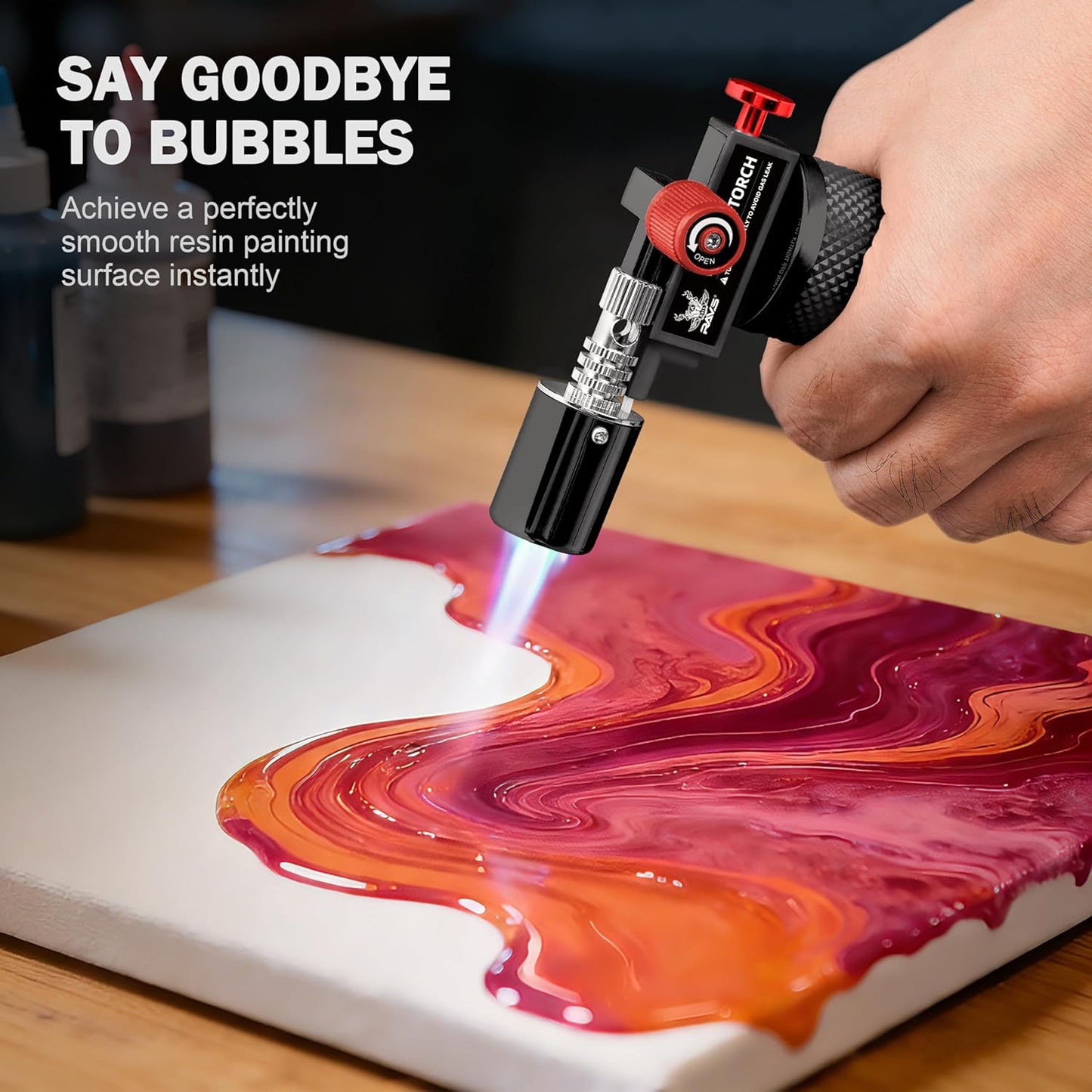 RAVS Butane torch, Kitchen Torch Lighter with Adjustable Flame & Safety Buckle, Creme Brulee Torch for Cooking, Dessert, Baking, Gifts for Men and Women (Black/Red), Butane Gas Not Included