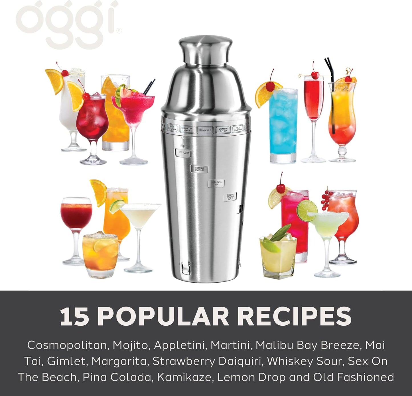 OGGI Dial A Drink Cocktail Shaker - Stainless Steel, 15 Recipes, Built in Strainer, 34 oz - The Original and Only Dial A Drink - Ideal Home Bar Drink Mixer, Bartender Kit, Essential Bar Accessories