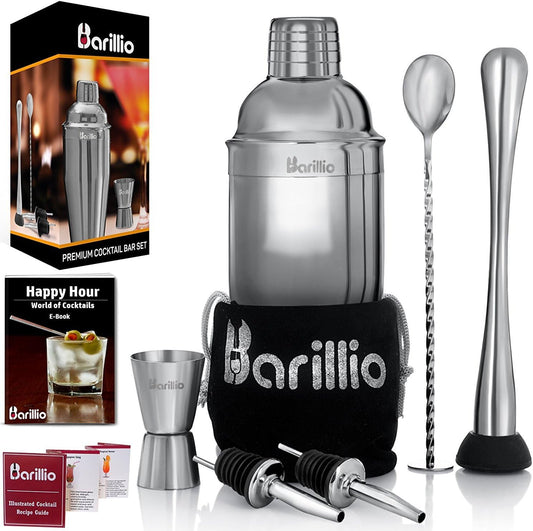 Barillio Mixology Bartender Kit - 8 pcs Stainless Steel Travel Cocktail Shaker Set with Bag - Bar Tools Set with Martini Shaker, Drink Mixer Spoon & Mojito Muddler for Cocktails, Pourers & Jigger