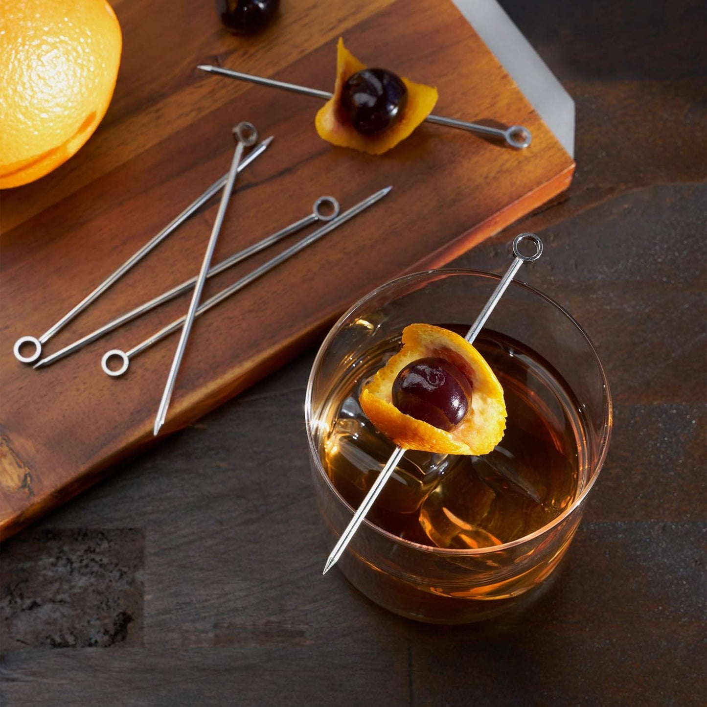 Viski Stainless Steel Cocktail Picks for Martini Olives and Cherries, Set of 6 Ring Top Metal Toothpicks for Drinks, Reusable Appetizer Skewers for Fruit and Cheese, Home Bar Accessories, 4.25”