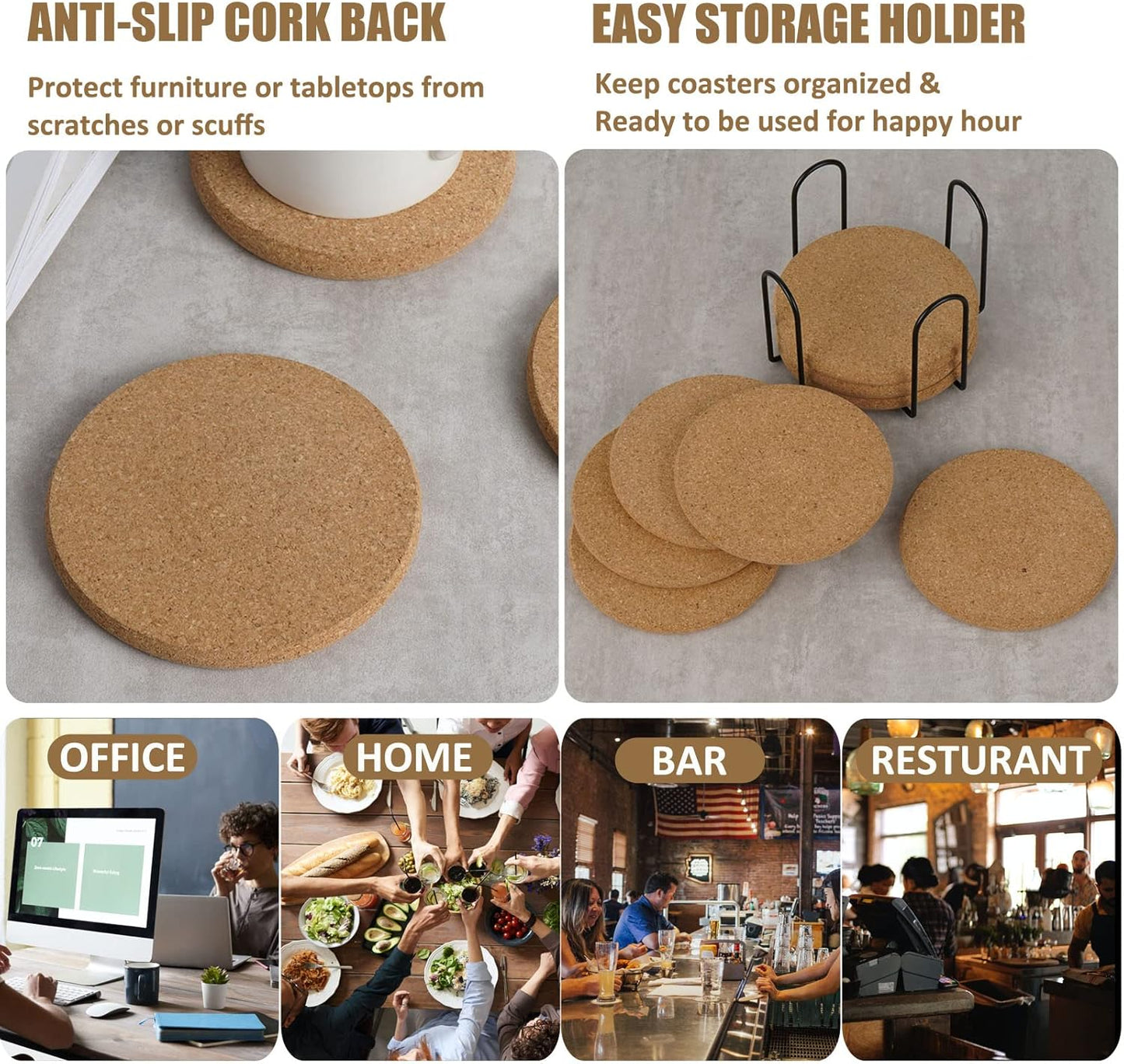 8 Pcs Drink Coasters with Holder, Thicker Cork Coasters for Drinks Absorbent for Coffee Table Wooden Coaster Set Tabletop Protection Cup Mat Bar Kitchen Living Room House Home Decor Housewarming Gift