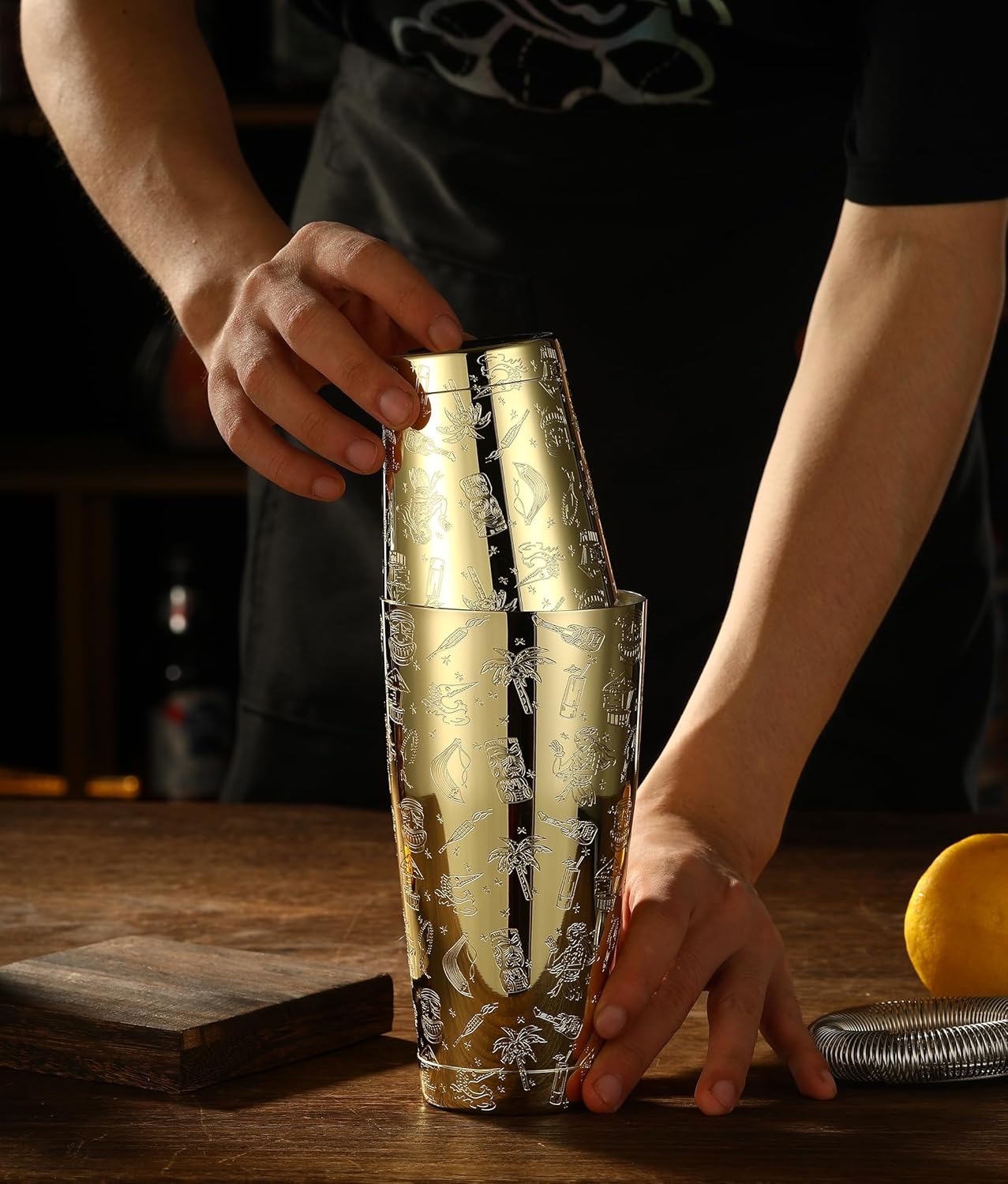 Weighted Boston Shaker Cocktail Shaker Etched with Tiki Imagery (Gold Tiki Graphic)