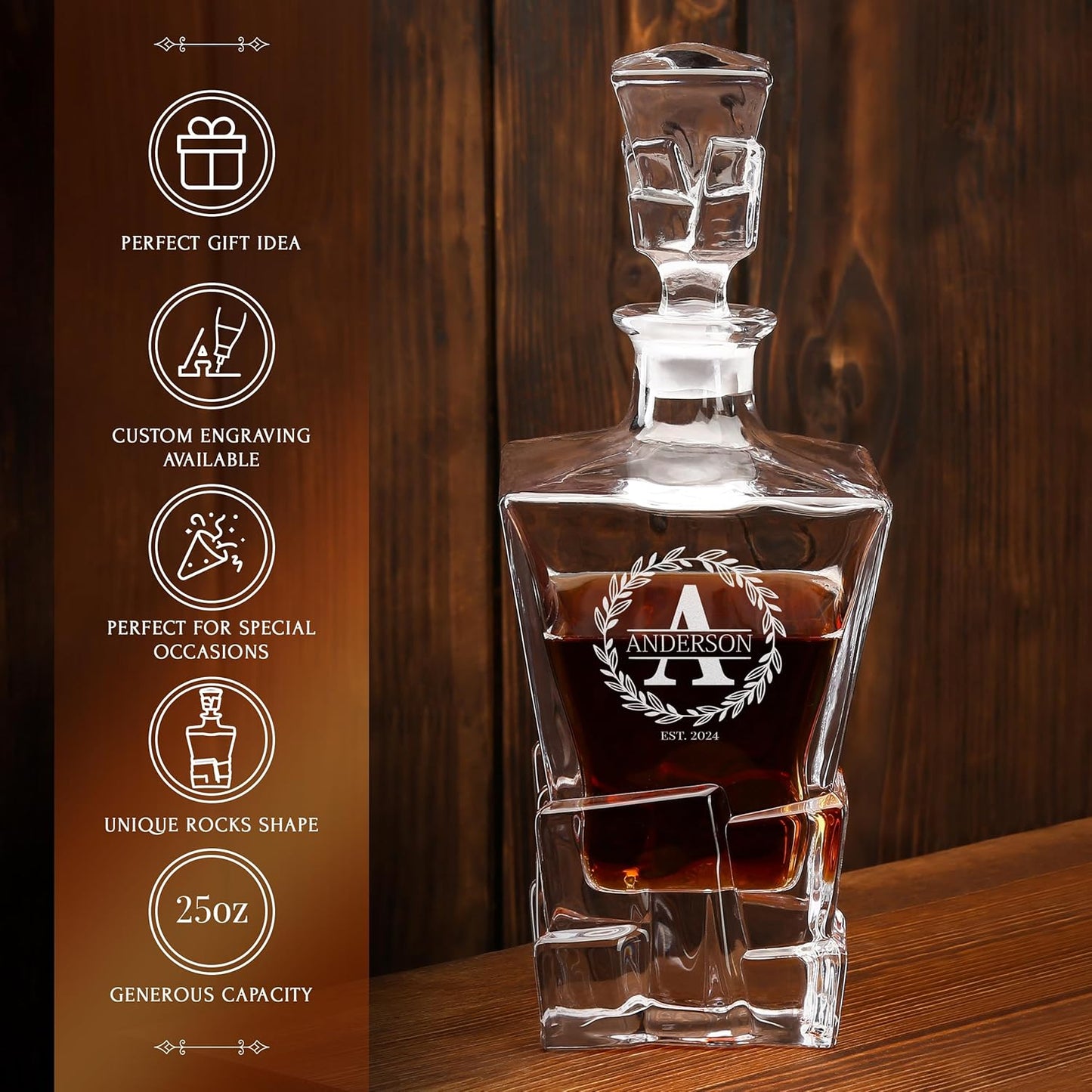 Personalized Whiskey Decanter Set with Optional Rocks Glasses – Custom 25 oz / 750ml Bourbon Decanter, 4 Engraving Options, Customized in USA, Valentine's Day, Birthday & Any Occasion Gift for Men
