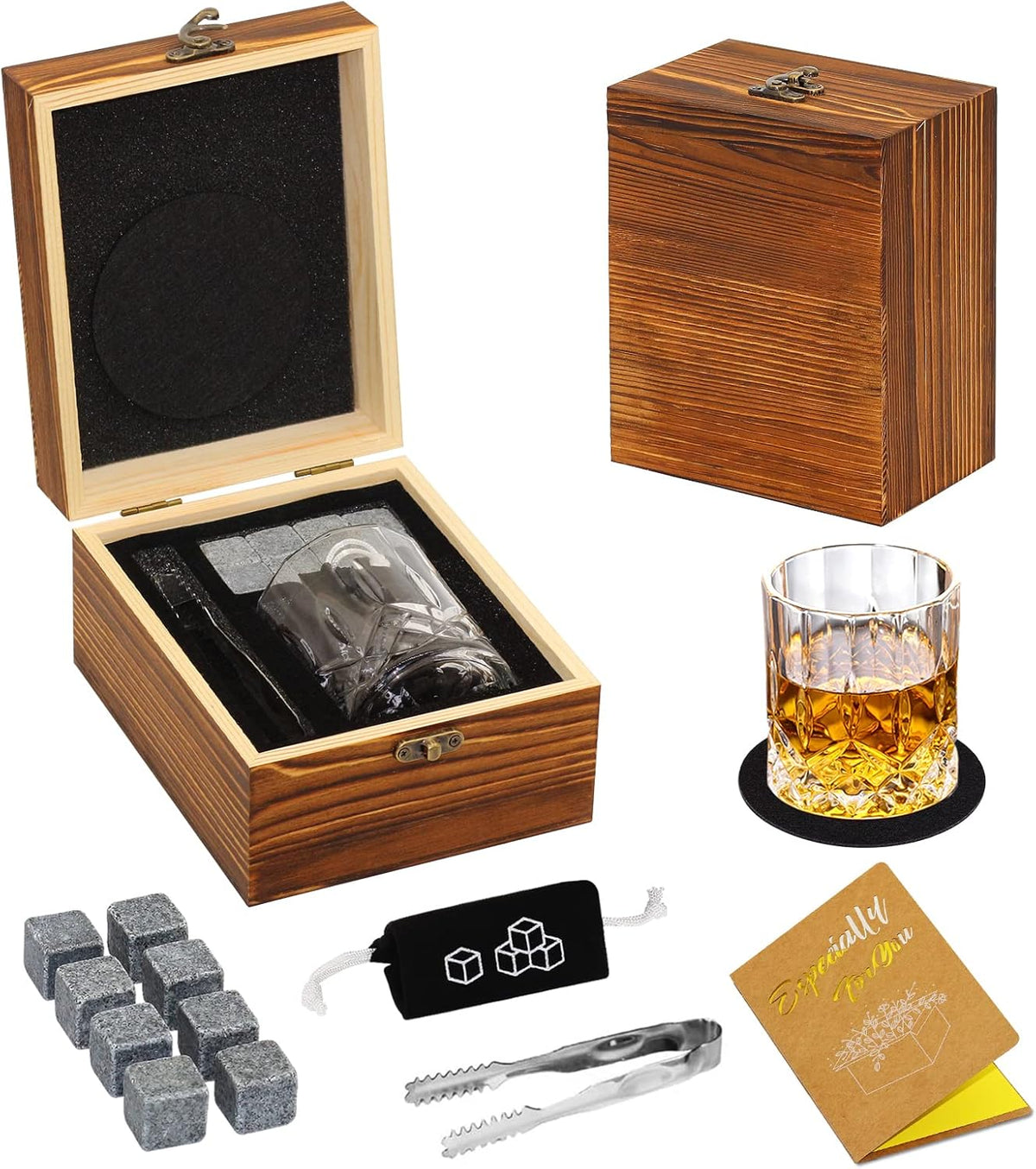 Whiskey Set Gifts for Men, DIOXADOP 6 Stainless Steel Whisky Stones 2 Crystal Whisky Glasses 1 Blessing Card in a Exquisite Wooden Box, Prepare a Gift for Whiskey Scotch Bourbon Lover - 1 Whiskey Glass Set