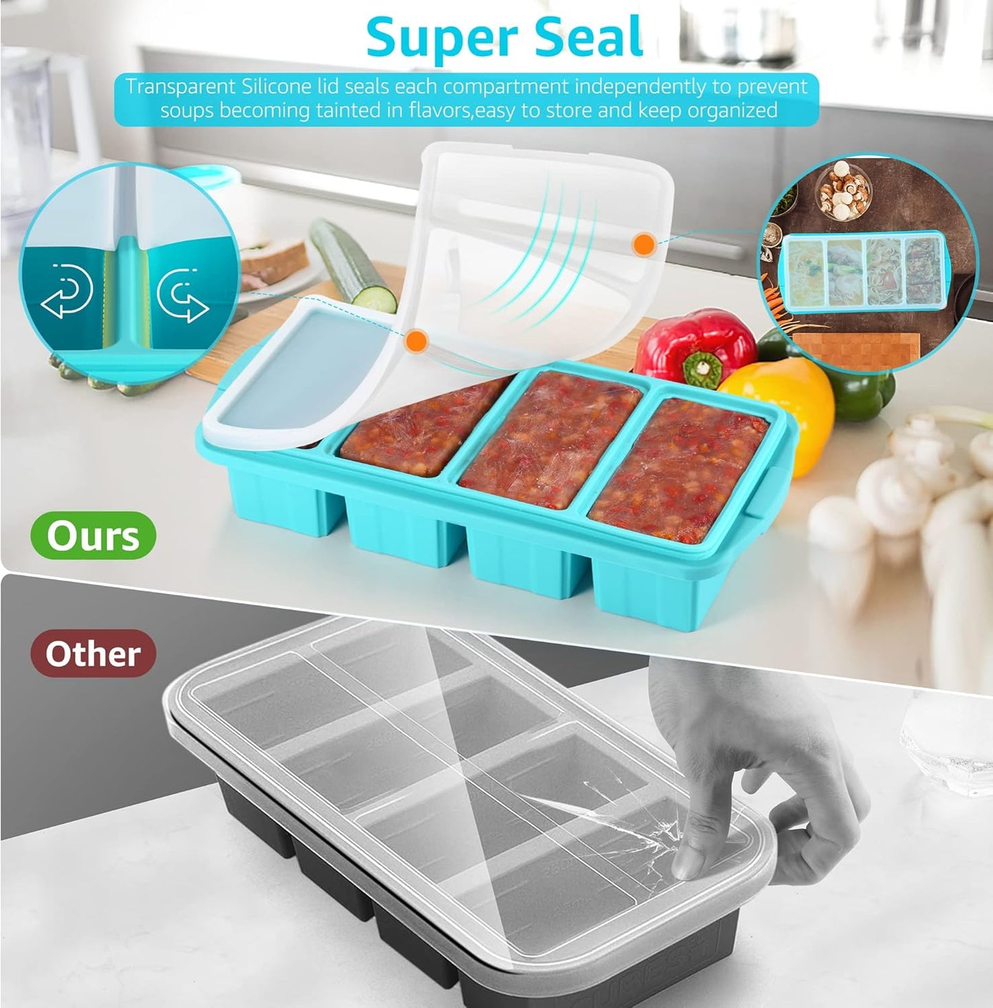 Ztomine Silicone Freezer Tray With Lid - Silicone Freezer Food Molds- Large Ice Cube Tray,Silicone Freezer Container,Freeze & Store Soup, Sauce, Broth,Leftovers - Makes 4 Perfect 1 Cup