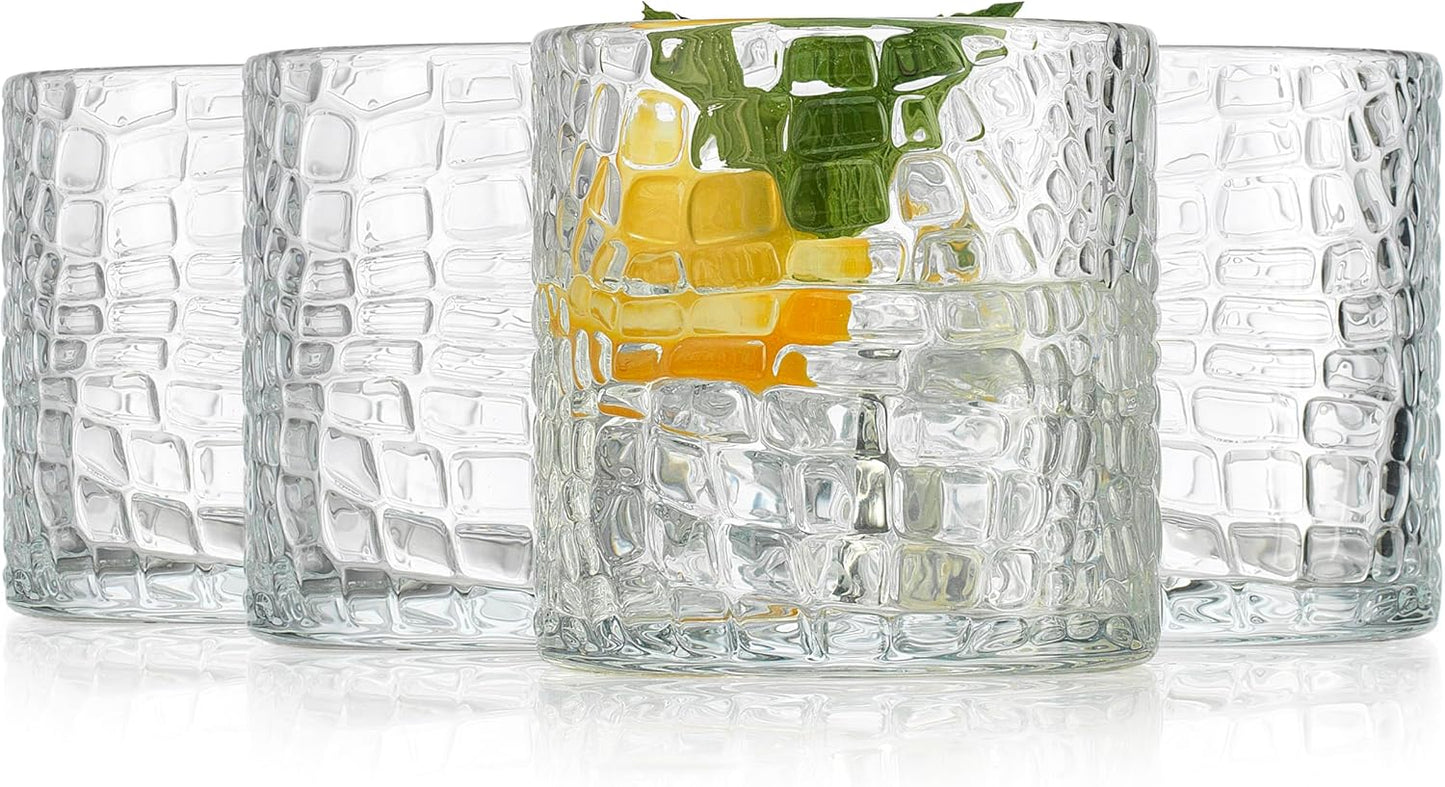 Glaver's DOF Set of 4 Clear 13oz Drinking Glasses Patent Crackle Textured Design Double Old Fashioned Whiskey Glasses Home Everyday Bar Glassware