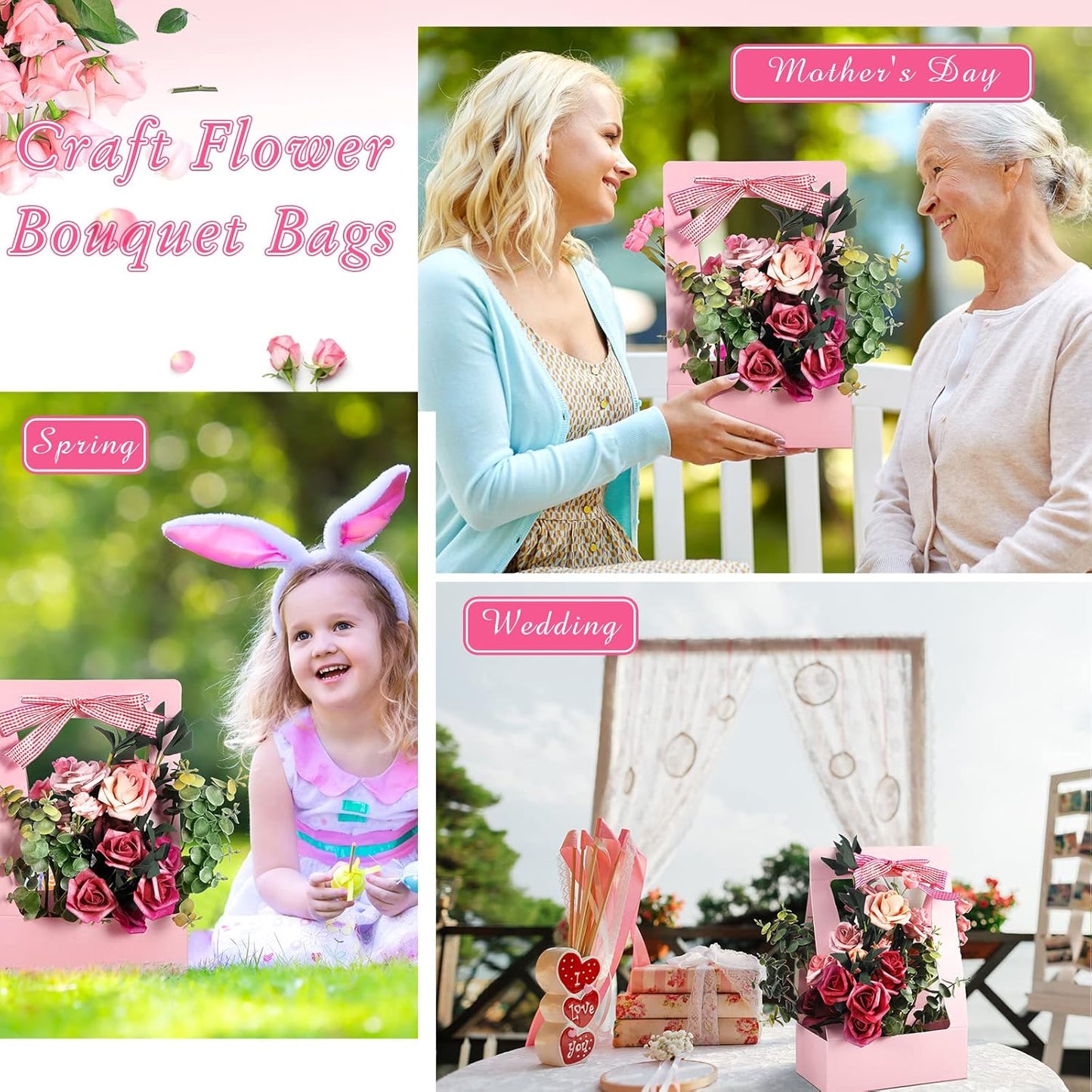 Teling 24 Pcs Mother's Day Flower Boxes for Arrangements Paper Pink Flower Gift Bags for Bouquets Portable Waterproof Floral Box with Handle for Wedding Floral Bar Mom Party Decor Florist Supplies