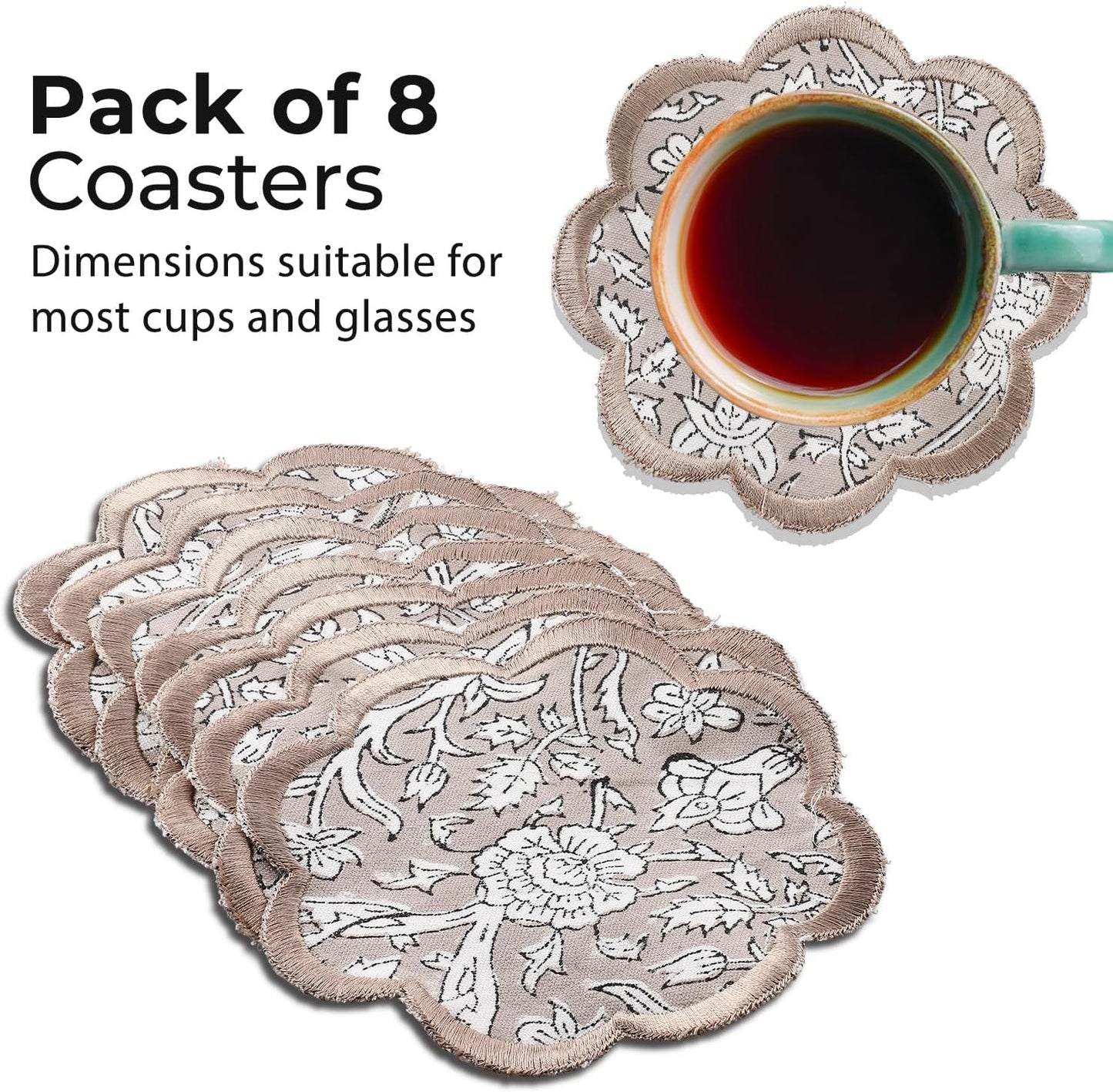 Ridhi Hand Block Print 8- pcs Canvas Cotton Drink Absorbent Stylish Embroidery Scallop Coaster Set Boho Modern Home Decor and Wooden Table Protection 5 inch Taupe