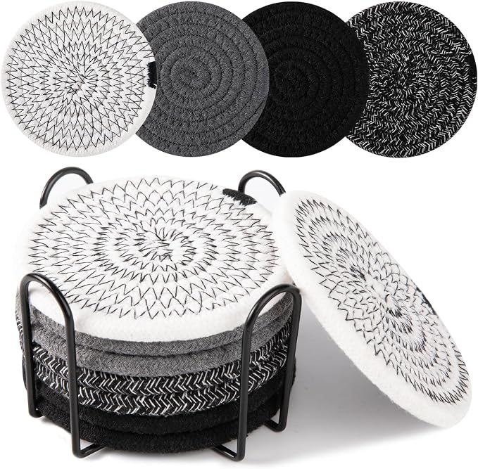 OIAHOMY 8 Pcs Coasters with Holder for Beer, Coffee, Woven Cotton Coaster Set for Table Decor for Kitchen, Bar, Dining Room, Living Room, Housewarming Gifts - Yellow - B0F12S1KXK