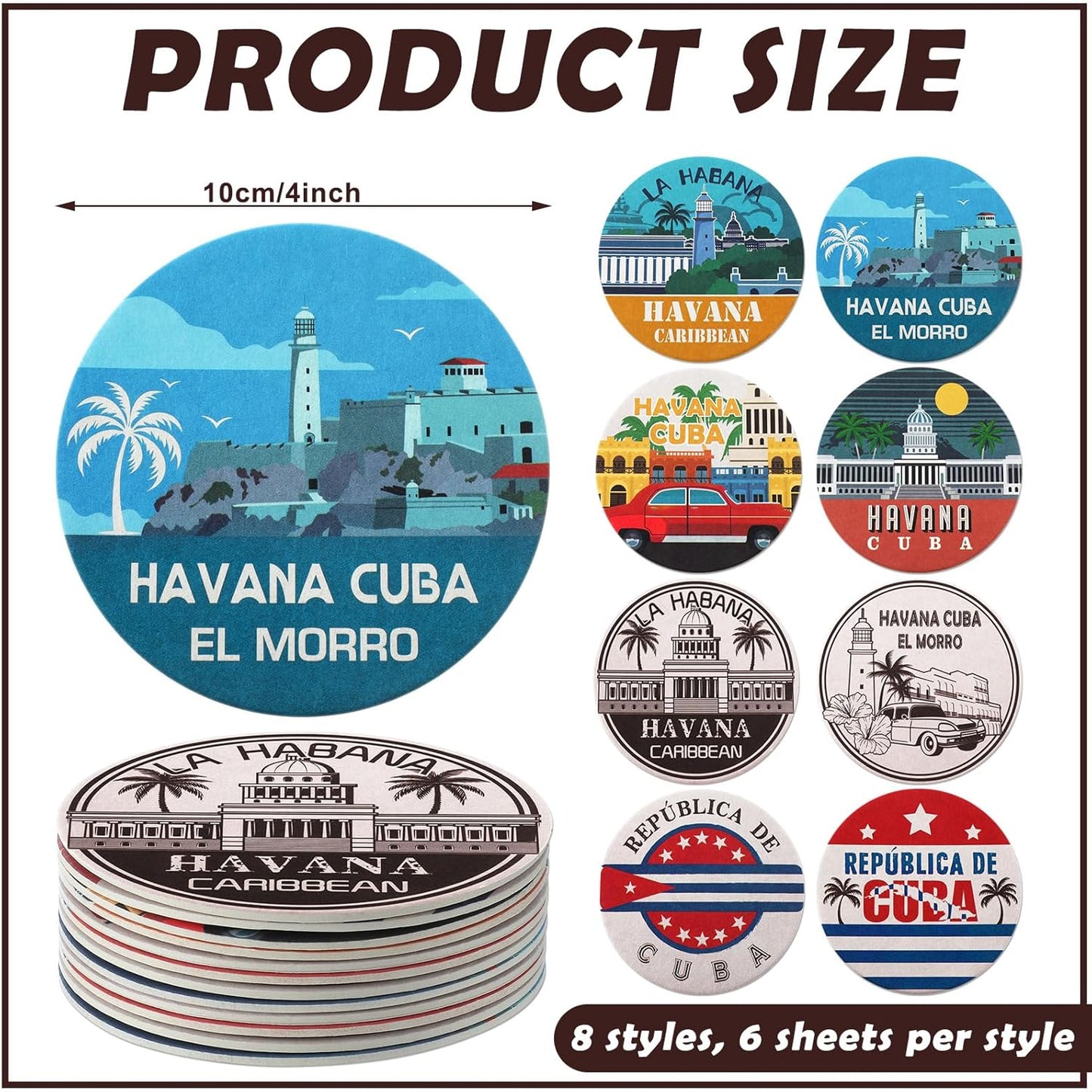 FoldTier Set of 48 Havana Print Disposable Paper Drink Coasters for Bar Bulk 4 Inch Round Cup Beer Coasters Absorbent for Havana Nights Party Supplies Summer Hawaii Tropical Table Decoration