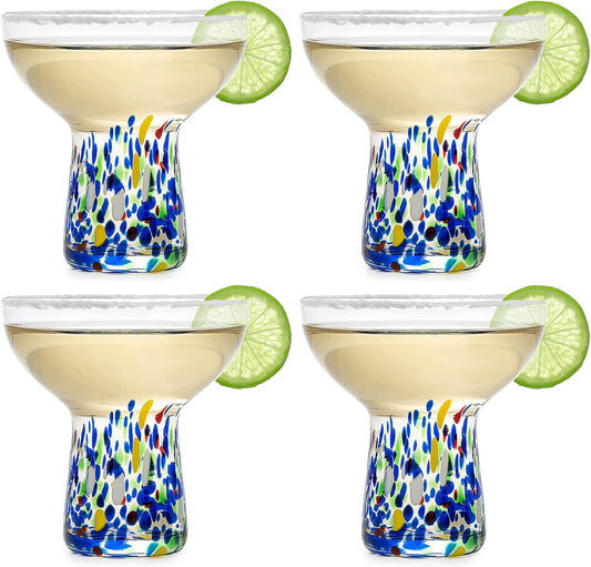 Stemless Margarita Glasses – Set of 4-6oz Luxury Hand Blown Confetti Margaritas, Martini, Cocktails, Water, Wine, Dessert & Champagne Glassware Cinco de Mayo, Hand Blown - Mexican Confetti Glass