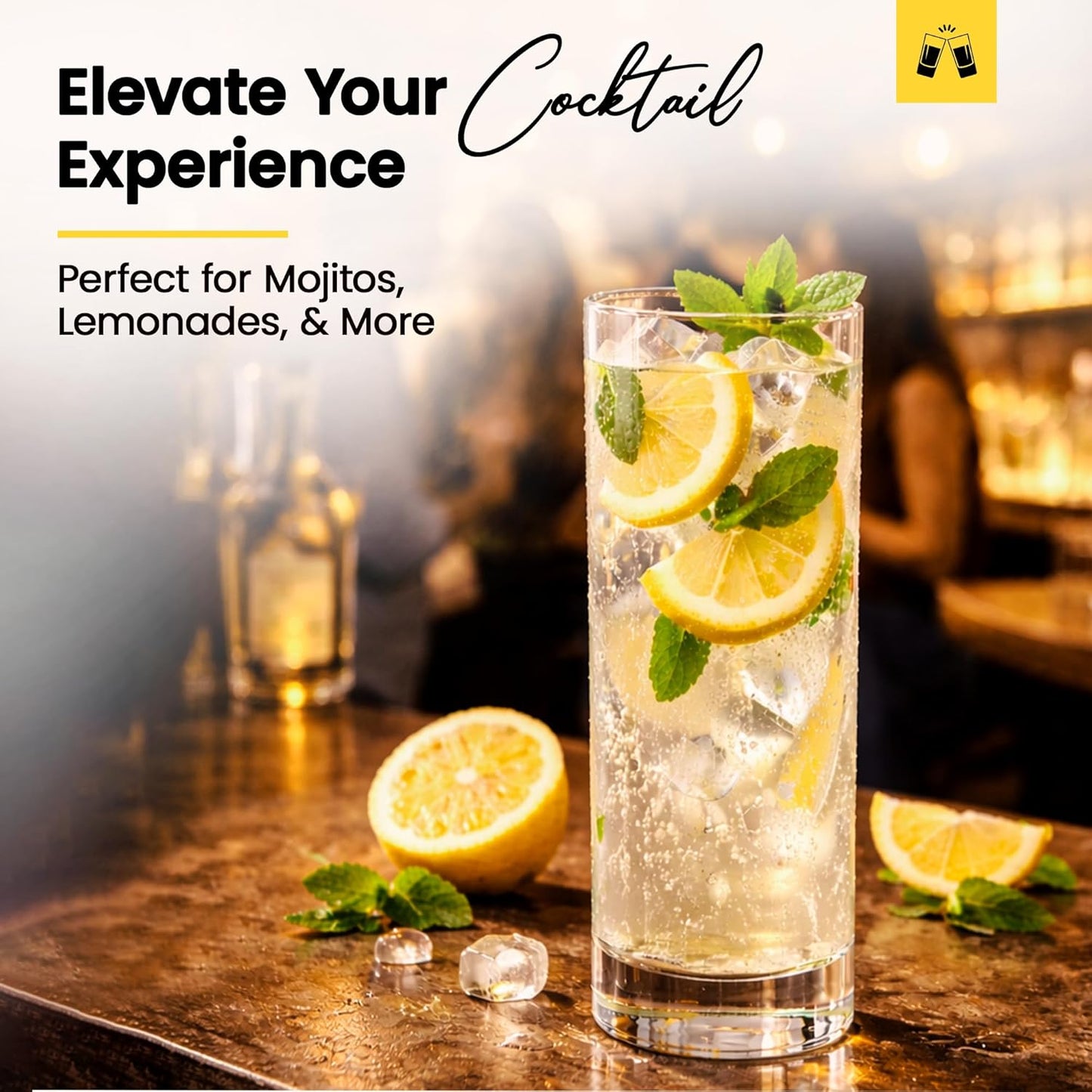 LEMONSODA Highball Glass Set | 12oz Set of 6 | Lead-Free Glass with Heavy Base | Dishwasher Safe Cocktail Glasses for Mojito Whiskey Iced Tea | Gift Box Included | Modern Durable Bar Glassware