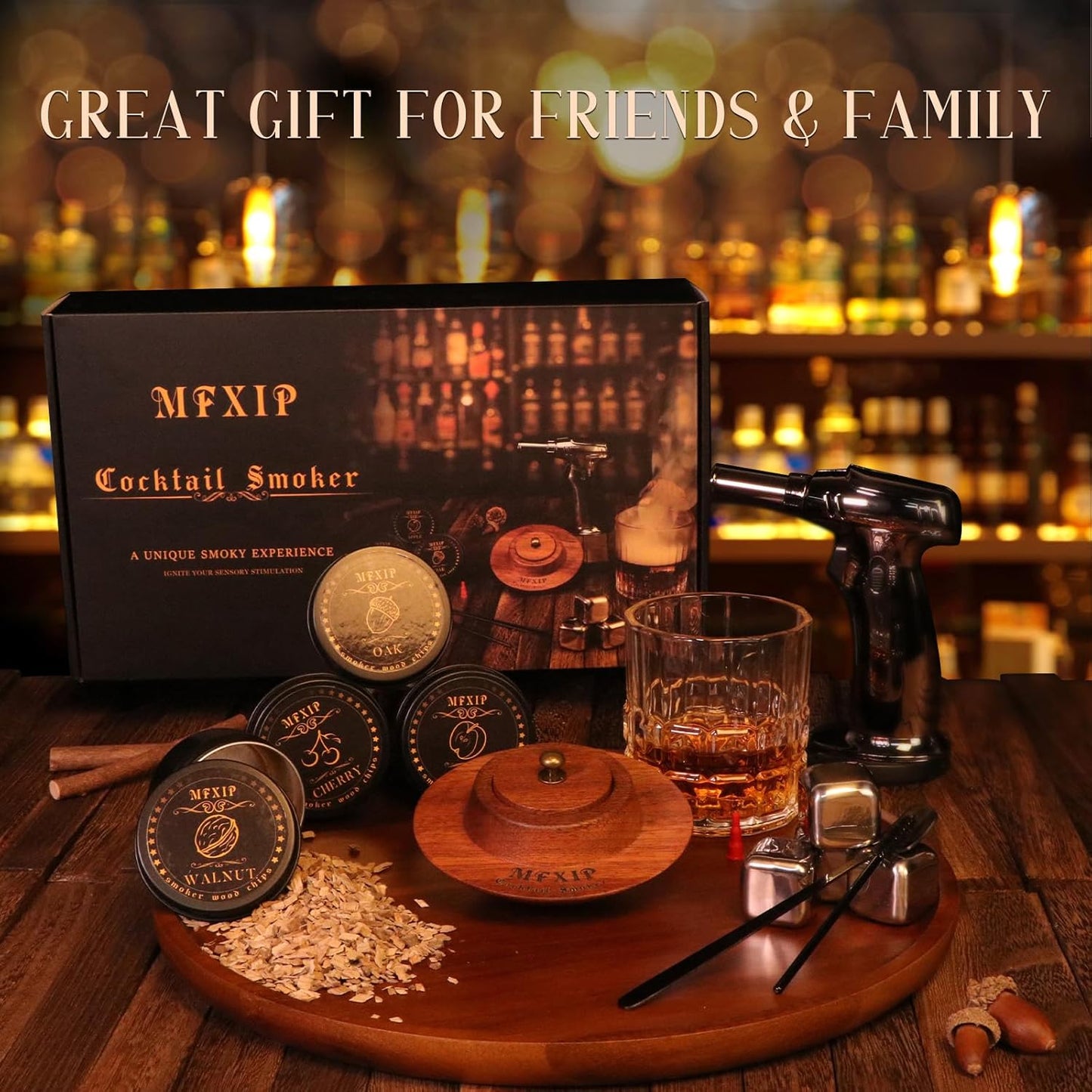 Cocktail Smoker Kit with Torch, Whiskey Smoker Kit, Old Fashioned Drink Smoker Kit – 4 Flavors Wood Chips, Whiskey Smoker Infuser Kit - Bourbon Gifts for Men, Dad (No Butane)