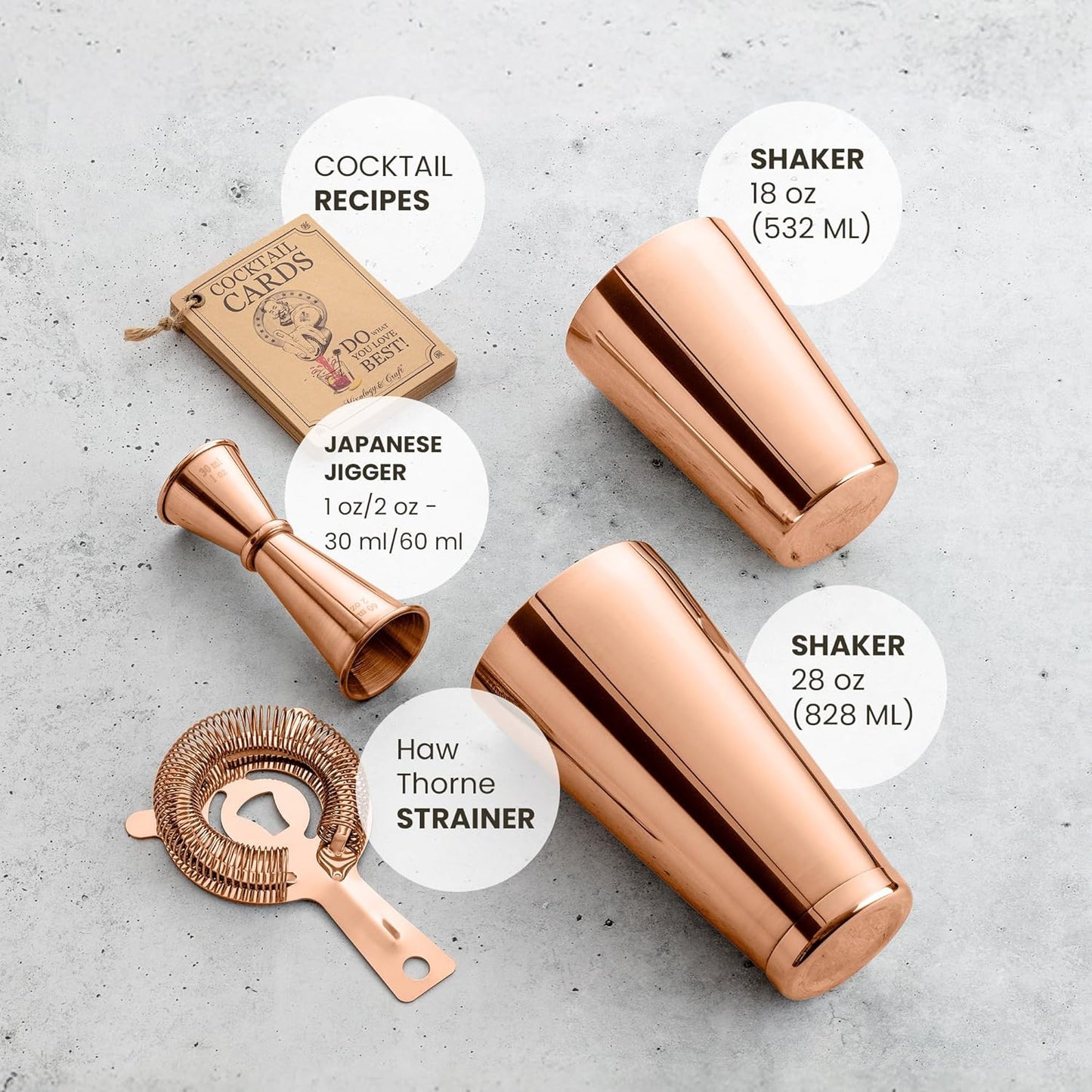 Mixology & Craft Boston Shaker Set with Weighted Martini Mixers, Strainer, Japanese Jigger, Leak-Proof Copper Finish, Exclusive Recipe Cards – Ideal Bar Tools Gift for Home Or Professional Use