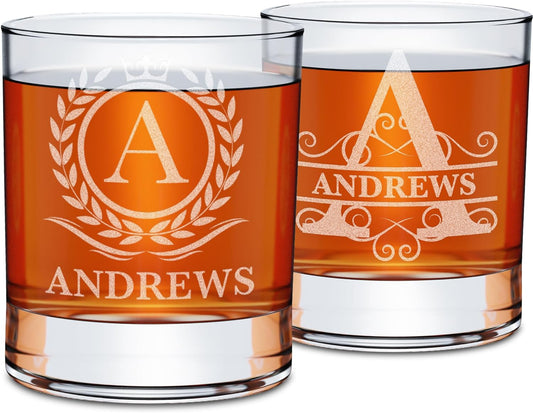 On The Rox Personalized Whiskey Glasses Set of 2 – Engraved Monogram Bourbon Scotch Groomsmen Dad Gift for Men – Custom Initial Name Old Fashioned Birthday Rocks Glasses (2)
