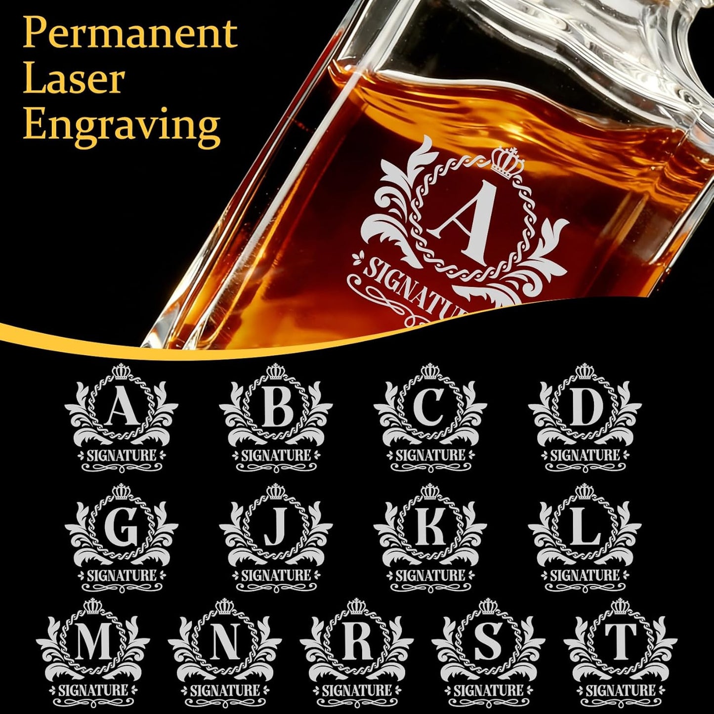 Personalized Whiskey Decanter Set with 2 Glasses, Laser Engraved Lead-Free Liquor Decanter Gift Set for Men, 750ml Glass Bottle Gift Box Bar Accessories for Dad Husband Boss Grandpa Brother, D