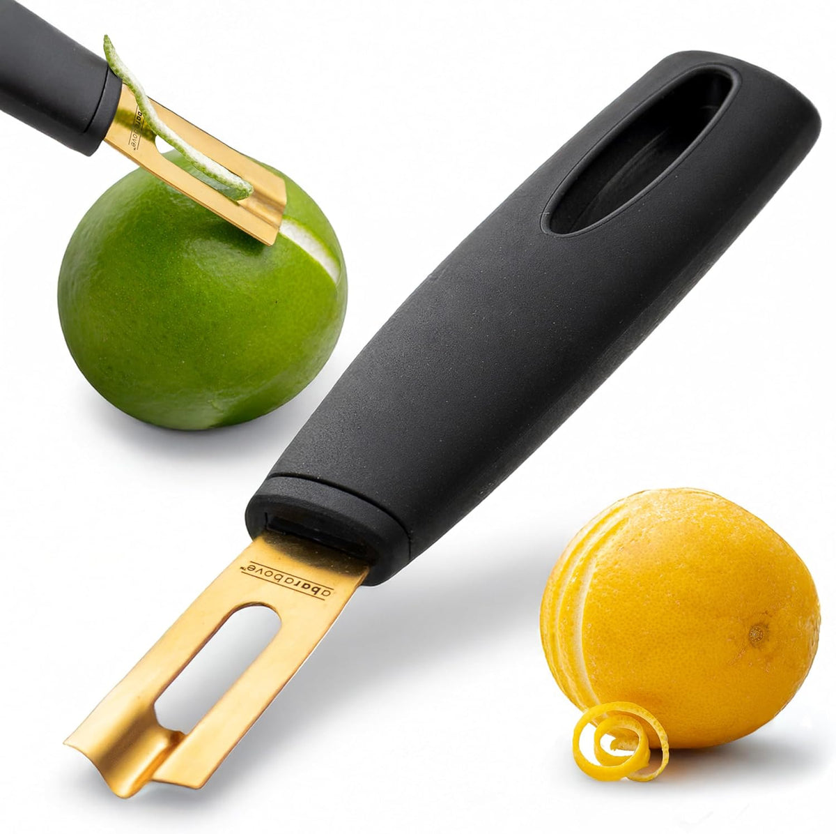 A Bar Above Channel Knife, Black Ergo Handle Gold Blade, Citrus Peeler - Black Handle Gold Blade