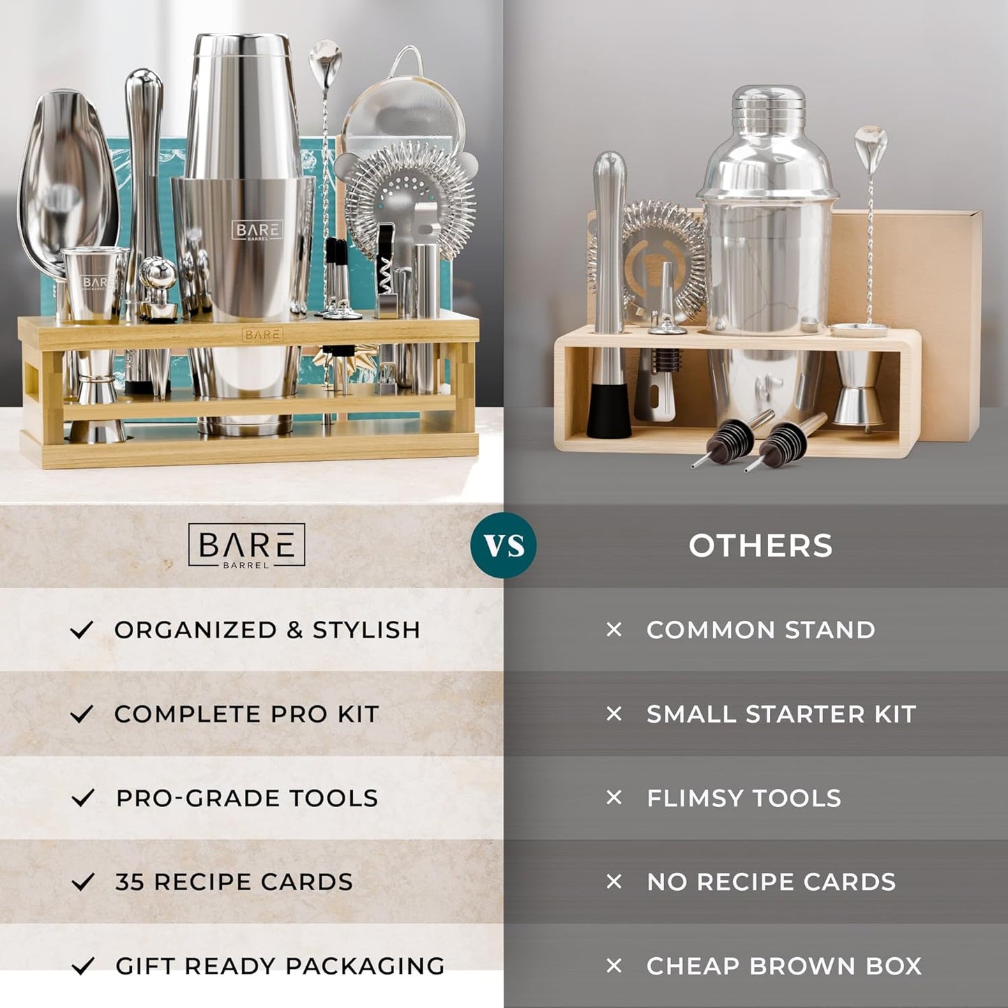 BARE BARREL® Mixology Bartender Kit Bar Set | 16-Piece Cocktail Shaker Set | Martini Barware Mixing Tools for Home Bartending | Incl. 35 Recipe Cards | Gift Set (28oz Boston Shaker, Silver/Natural)