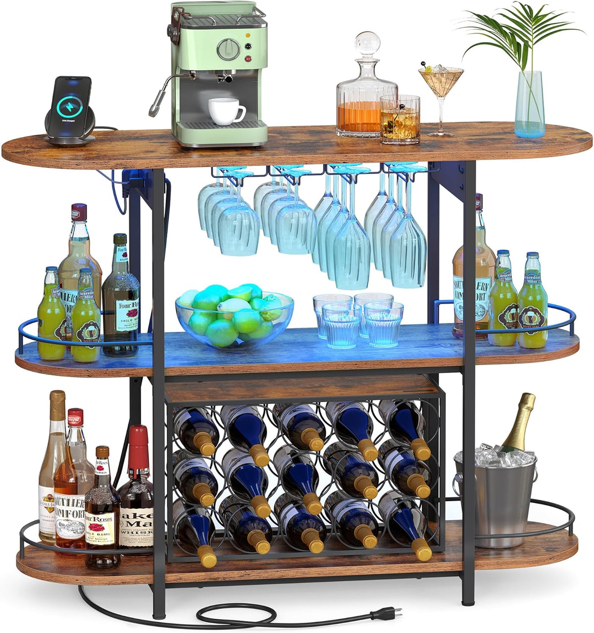 VASAGLE Bar Cabinets for Home, LED Coffee Bar with Power Outlets - Rustic Brown