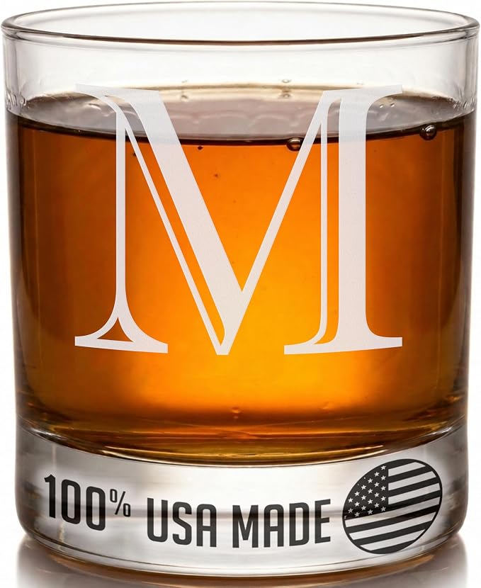 Etched Monogram 11oz Whiskey Rocks Glass (Letter J), A-Z Customized Bourbon Gifts for Men, Father’s Day, Personalized Old Fashioned Scotch Glass, Custom Engraved Gifts for Him, Initial, Name - Clear Etch M