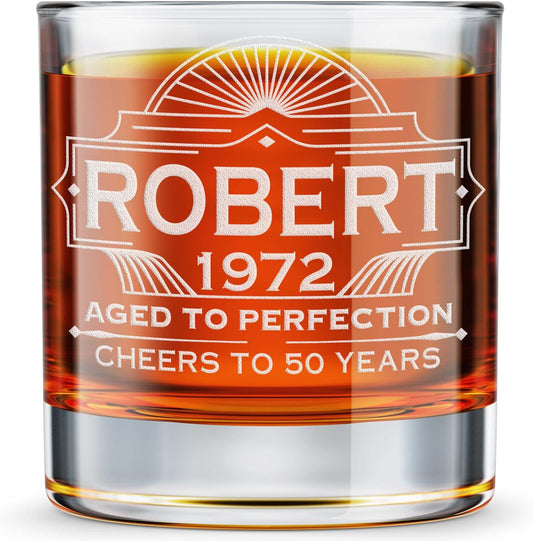 DaddyFactory Personalized Whiskey Glass For Men, Customized Engraved Etched Monogram Rocks Cocktail Glass, 10.25 oz Custom Whiskey Gift Glass Birthday Gift For Him, Aged To Perfection