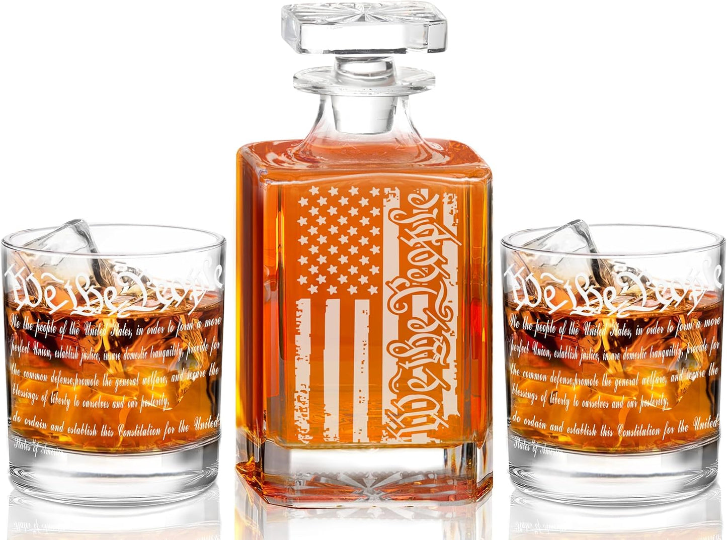 Whiskey Decanter Engraved We The People American Flag Decanter Set with 2 Glasses for Liquor Scotch Bourbon or Wine, Father's Day Patriotic Gift, 250 Anniversary Whiskey Bottle