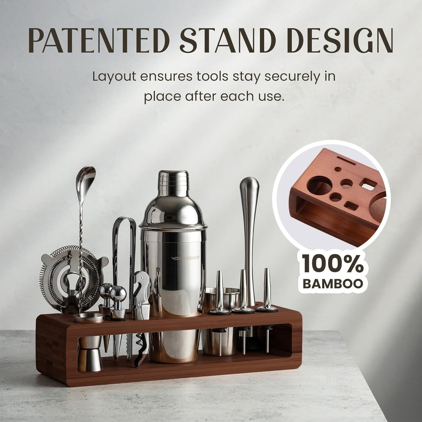 Modern Mixology 21-Piece Cocktail Shaker Set with Stand, Bartender Kit for Home Bar Accessories: 24oz Martini Shaker, Jigger, Strainer, Bar Spoon, Tongs, Opener, Muddler (Silver, Dark Brown Stand)