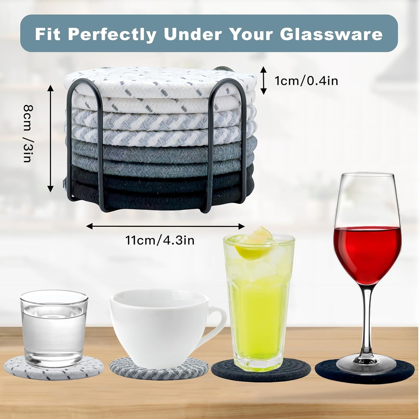 8 Pcs Drink Coasters with Holder, Coasters for Coffee Table, Absorbent Coaster Set for Living Room Decor Tabletop Protection, Coaster Set 4 - Color Cup (Gray Mix)