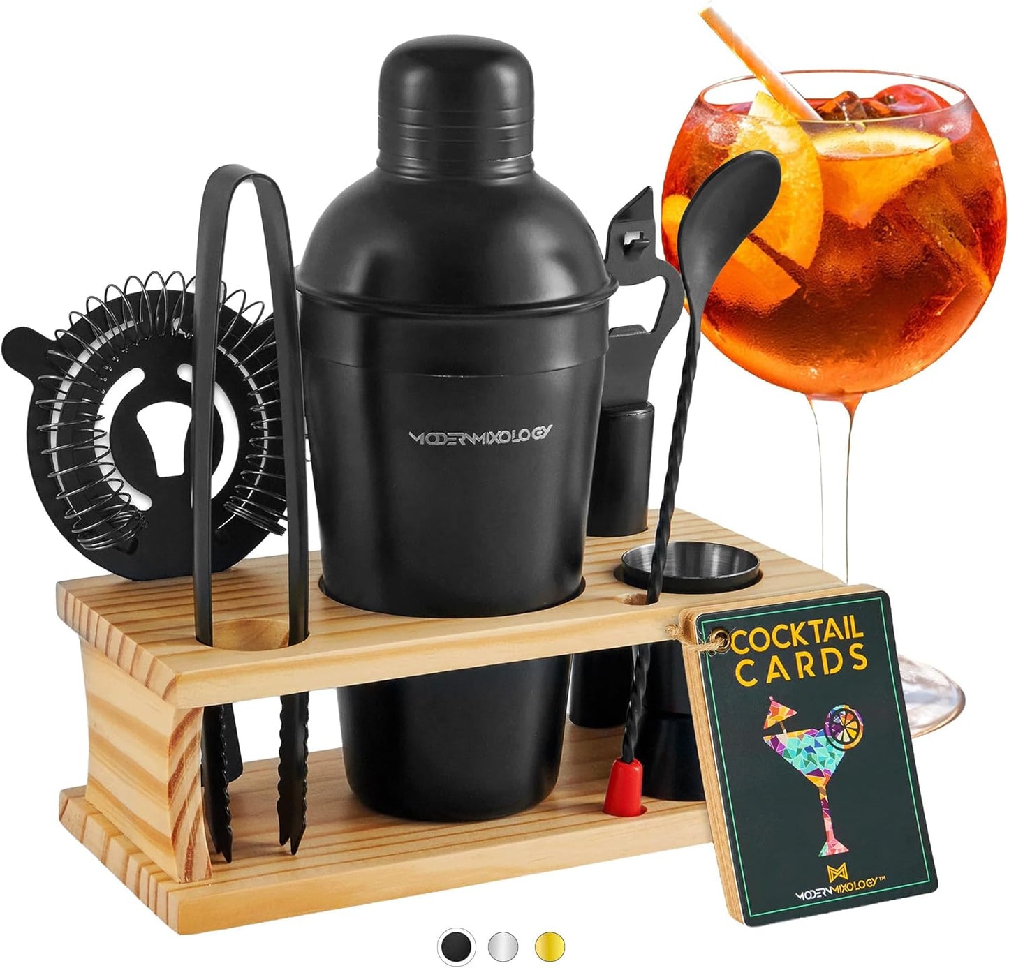 Modern Mixology Cocktail Shaker Set - 8 Piece Bartender Kit on Quality Pine Stand | Complete Cocktail Kit Gift Set | Top Bartender Gifts for Men | Leak Proof Design (Black)