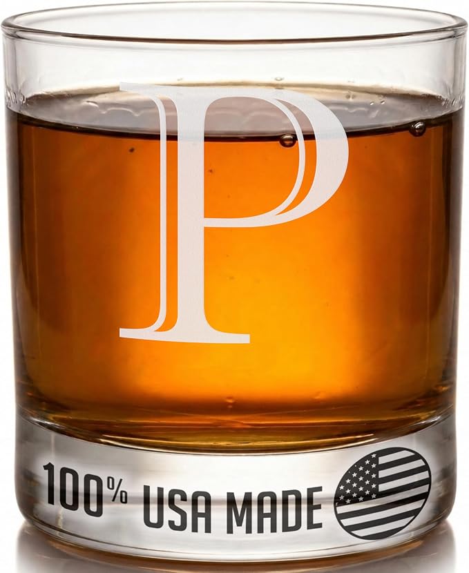 Etched Monogram 11oz Whiskey Rocks Glass (Letter J), A-Z Customized Bourbon Gifts for Men, Father’s Day, Personalized Old Fashioned Scotch Glass, Custom Engraved Gifts for Him, Initial, Name - Clear Etch P