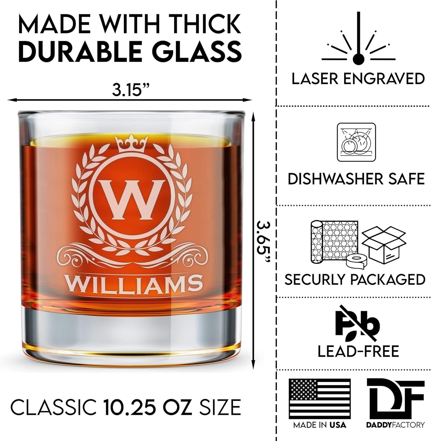 Personalized Whiskey Glass, Engraved Monogram Rocks Cocktail Glass, 10.25 oz Custom Bourbon Gift For Men