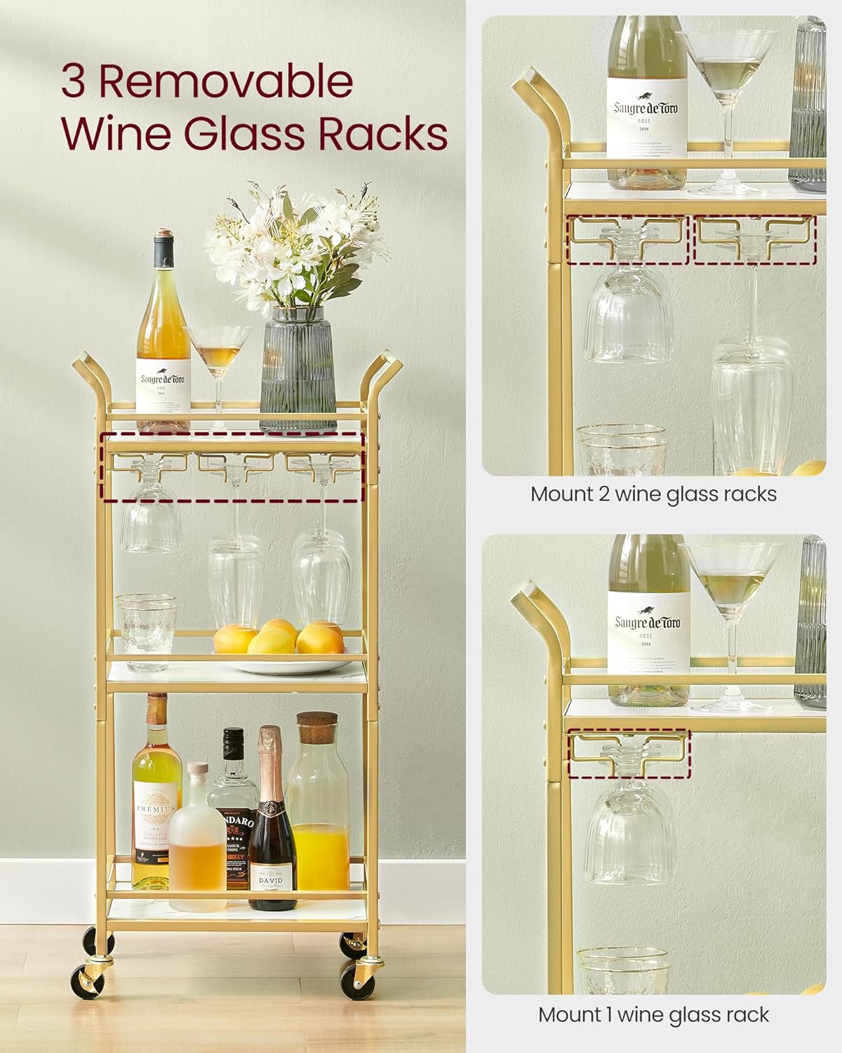 VASAGLE Bar Cart, Home Bar Serving Cart with 3 Tiers, Kitchen Shelf with Wine Rack, Glass Holders, for Small Spaces, Dining Room, Living Room, Pale Gold ULRC101A01